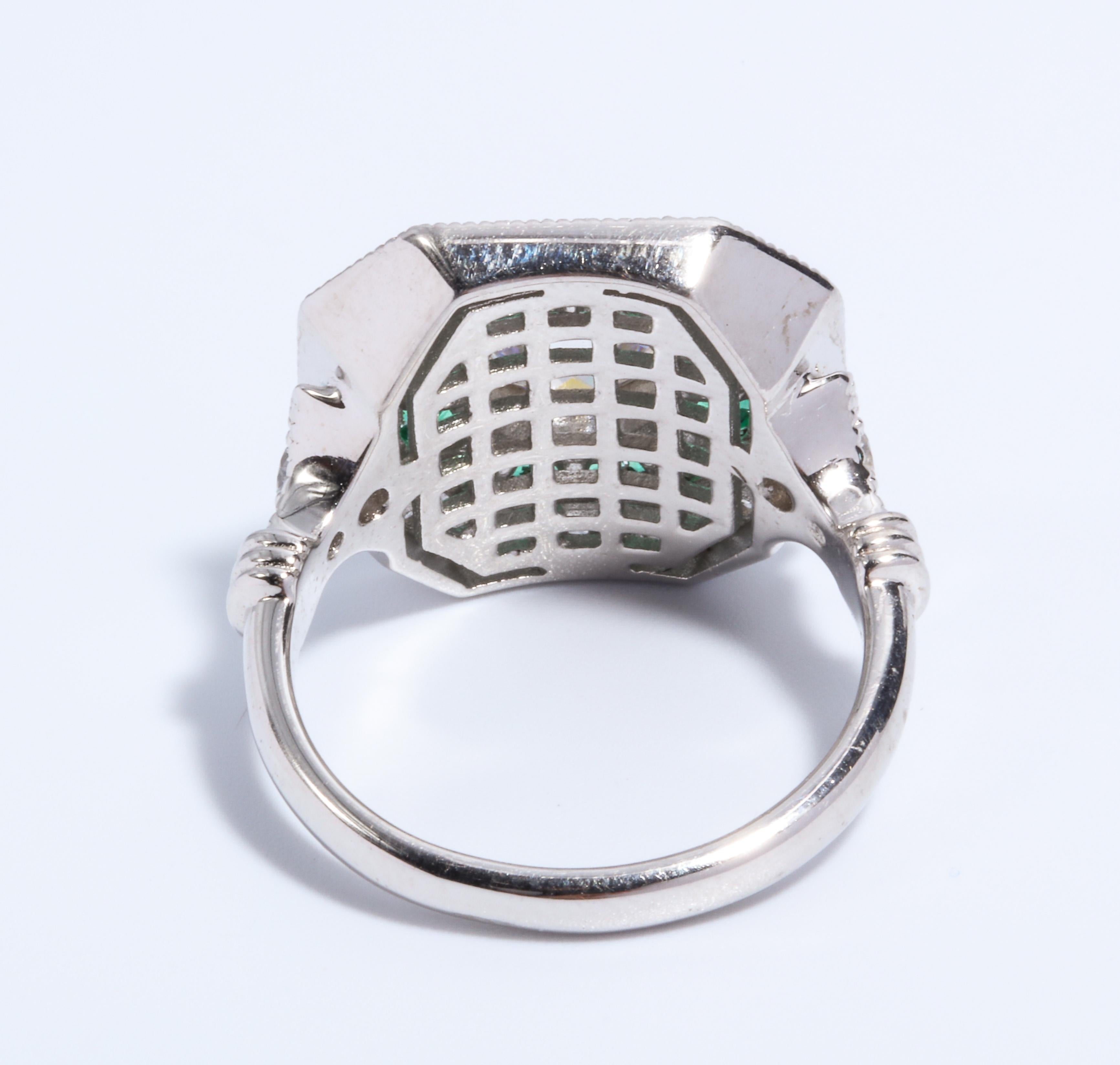 Art Deco Style Pretty Synthetic Diamond Emerald  Sterling Ring 2