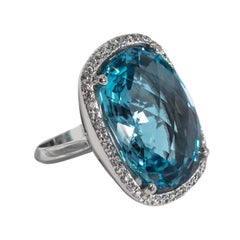 Genuine Swiss Blue Faceted Topaz Set In Faux Diamond Cocktail Ring