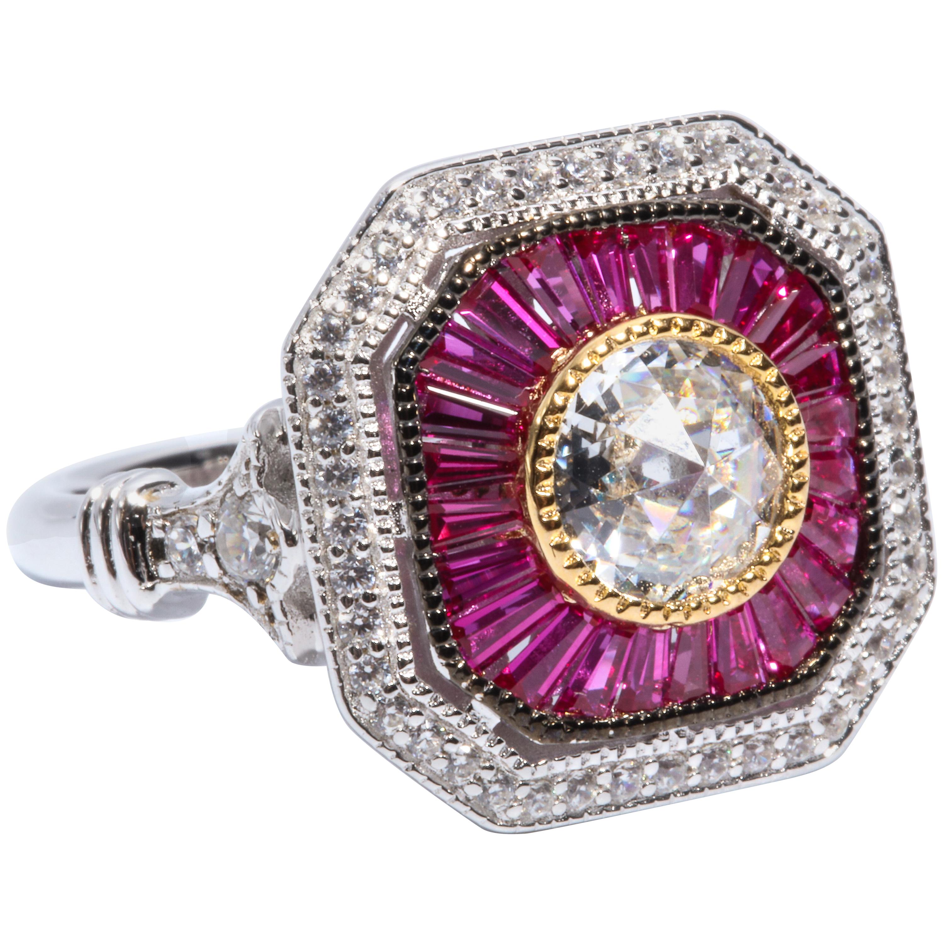 Art Deco Style Pretty Synthetic Diamond Ruby Sterling Ring