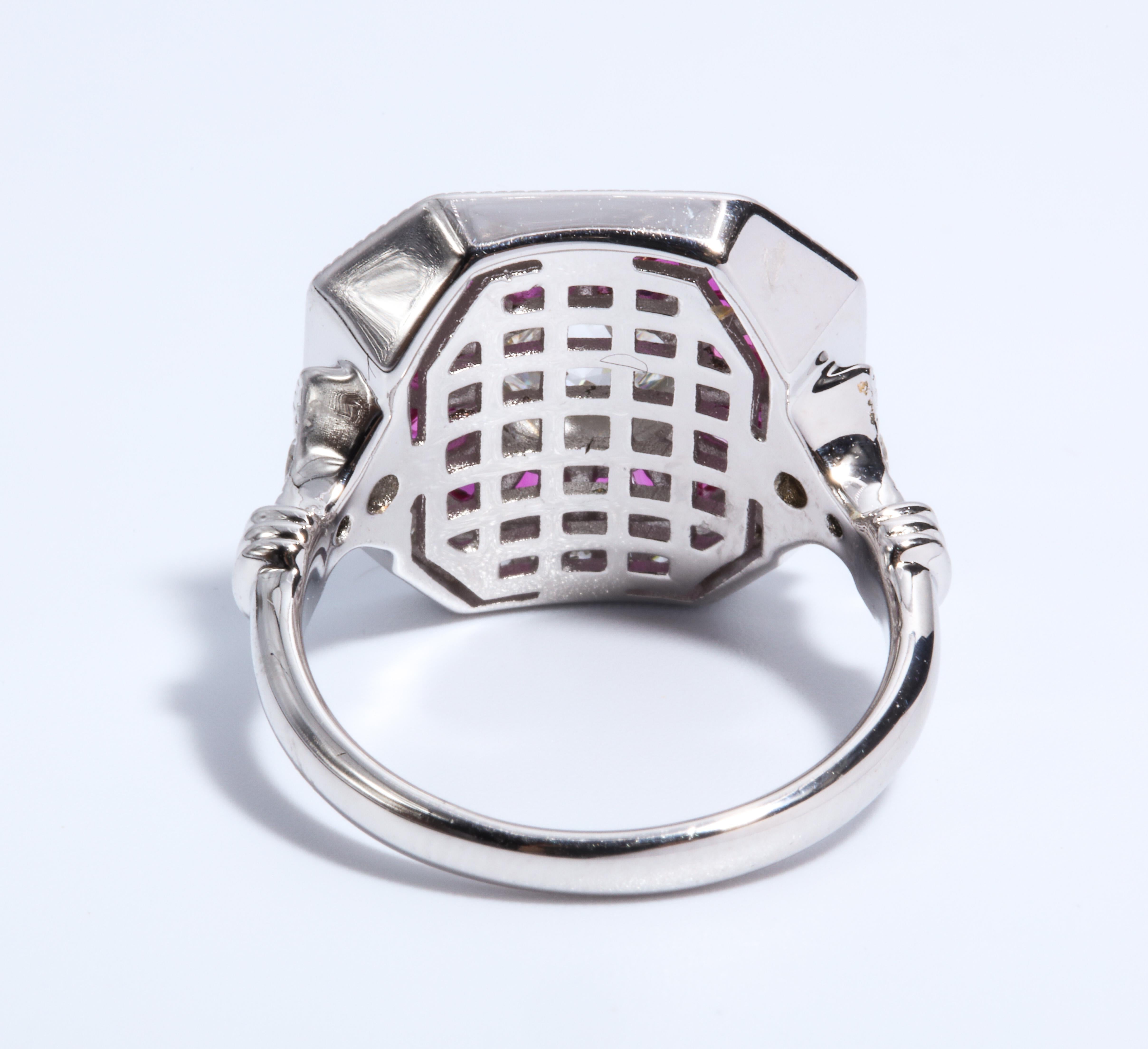 Art Deco Style Pretty Synthetic Diamond Ruby Sterling Ring In New Condition In New York, NY