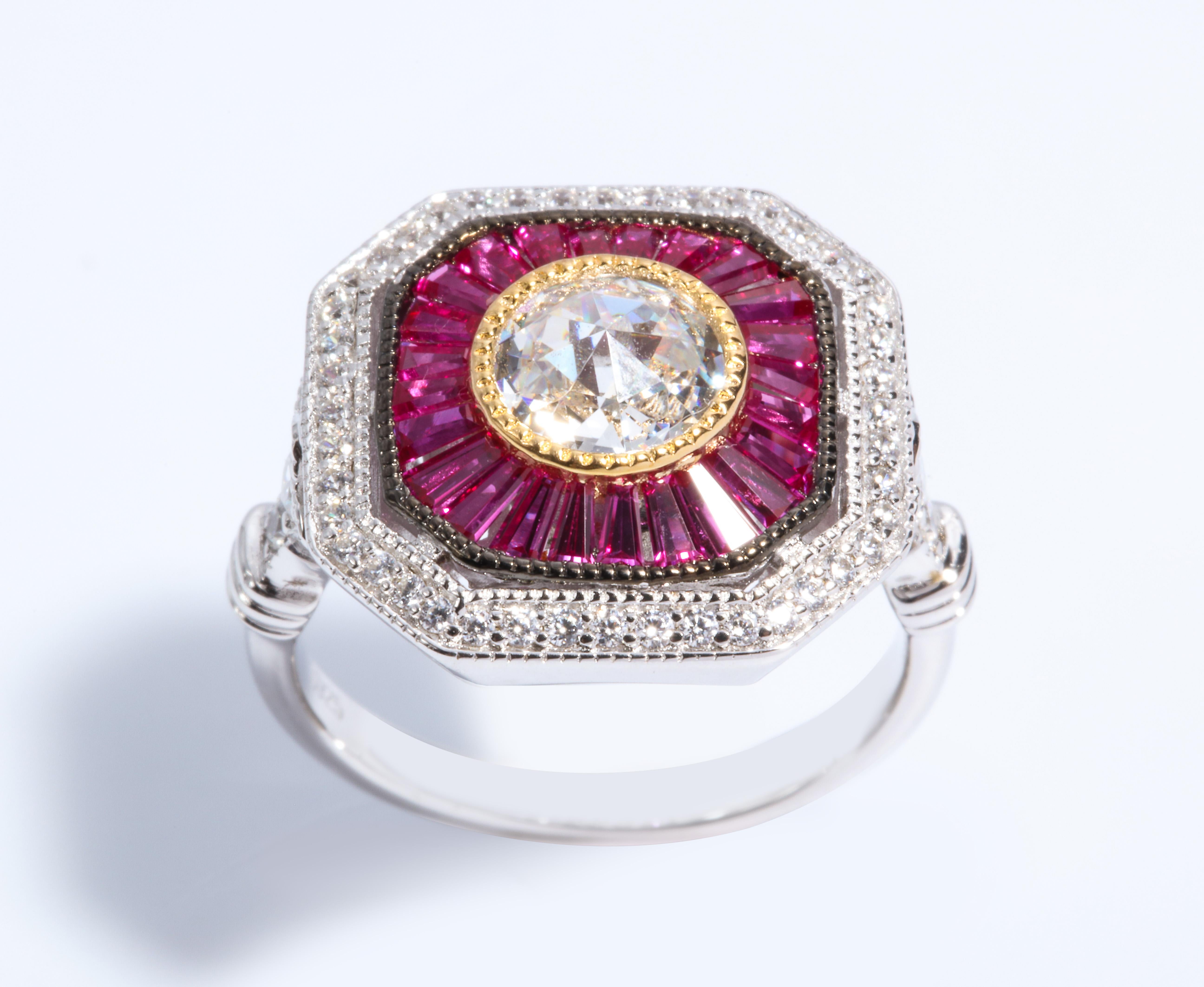 Women's Art Deco Style Pretty Synthetic Diamond Ruby Sterling Ring