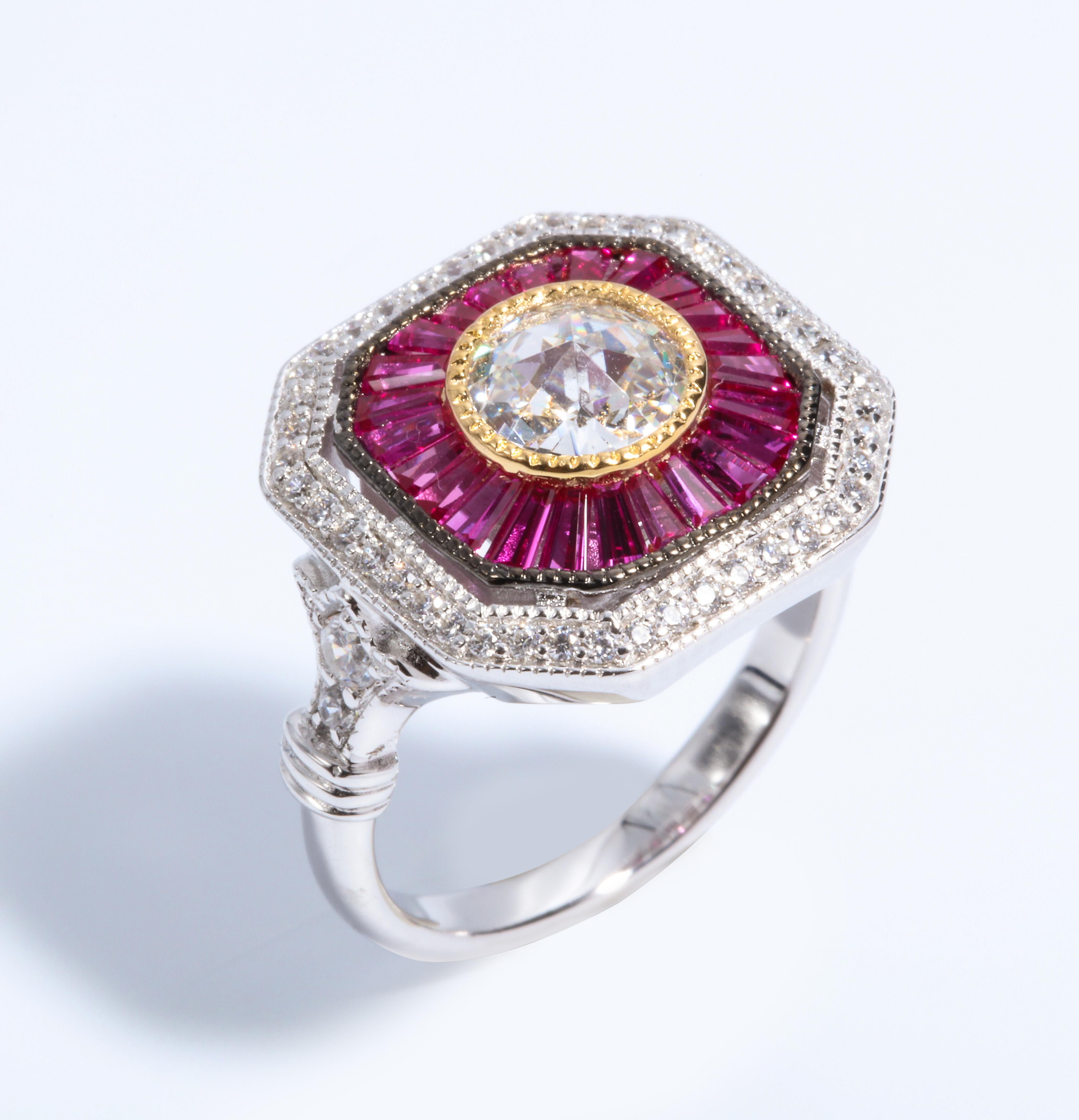 Art Deco Style Pretty Synthetic Diamond Ruby Sterling Ring 1