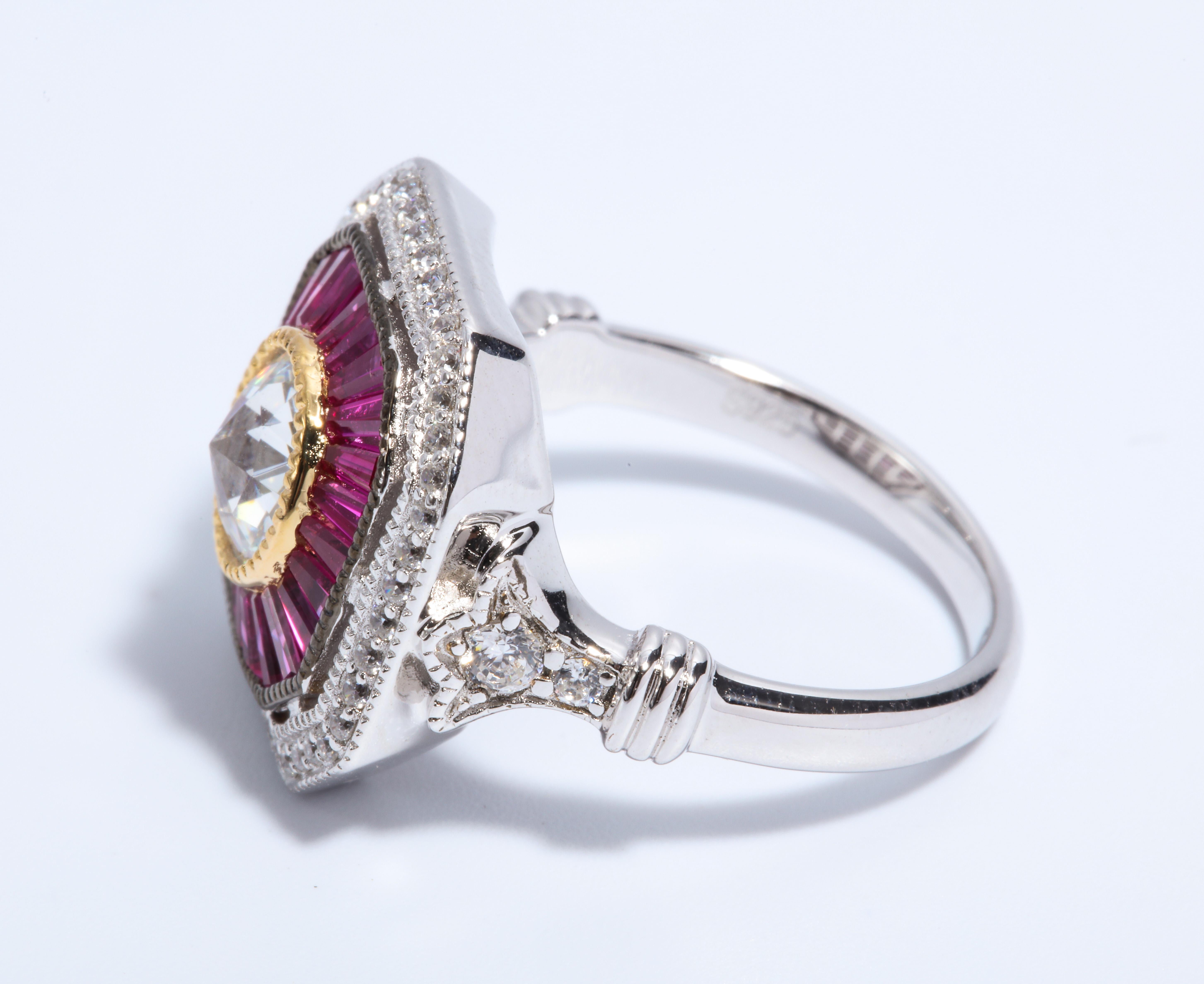 Art Deco Style Pretty Synthetic Diamond Ruby Sterling Ring 2