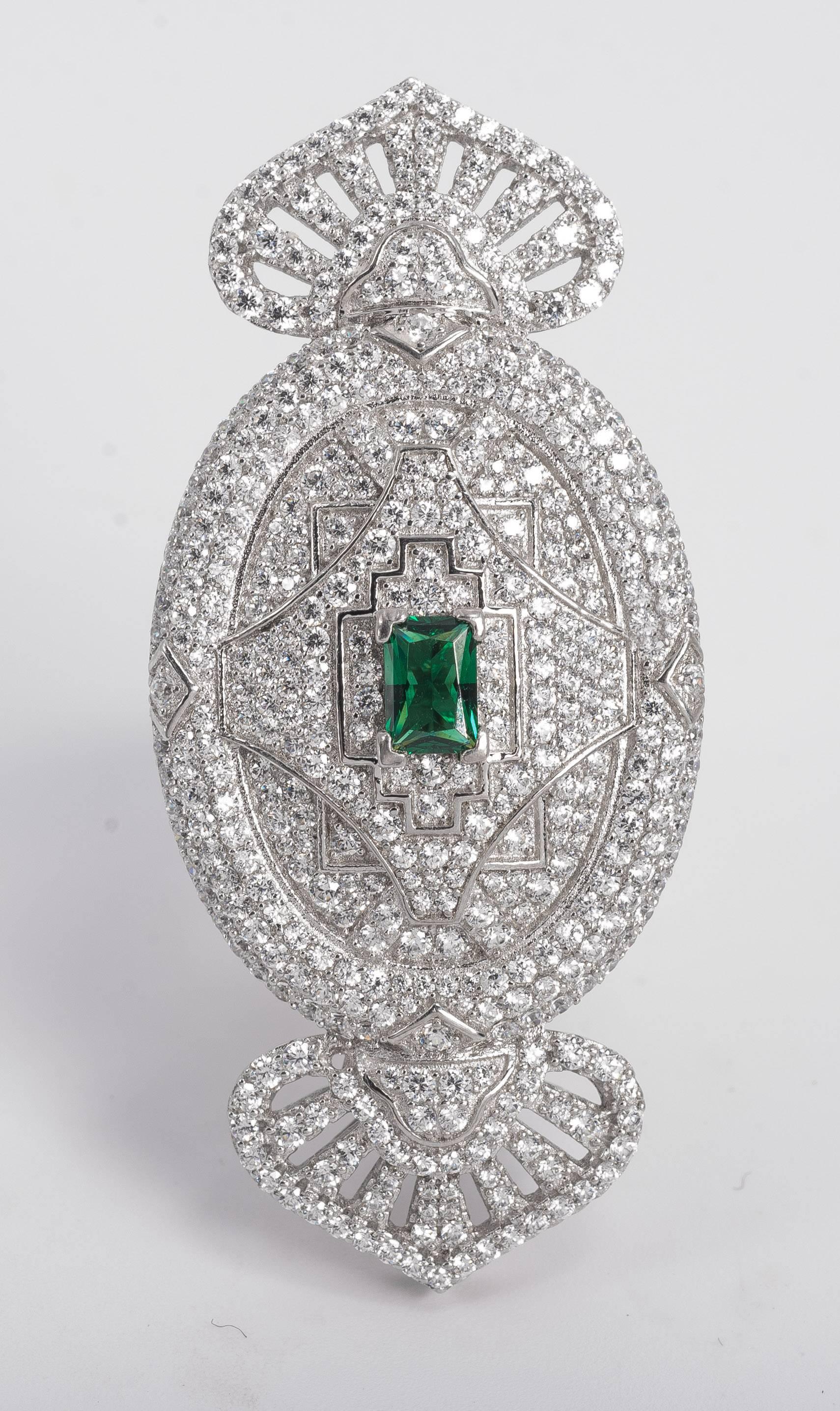 1920s style faux diamond emerald large cocktail ring cubic zircon pave set in sterling measures 21/2 inches by 1 inch