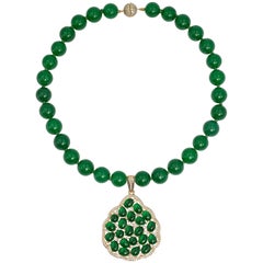 Faux Imperial Jade Diamond Gold Covered Sterling Pendant Necklace