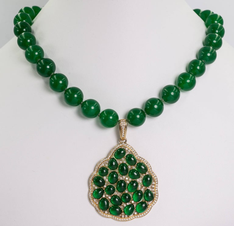 Faux Imperial Jade Diamond Gold Covered Sterling Pendant Necklace at