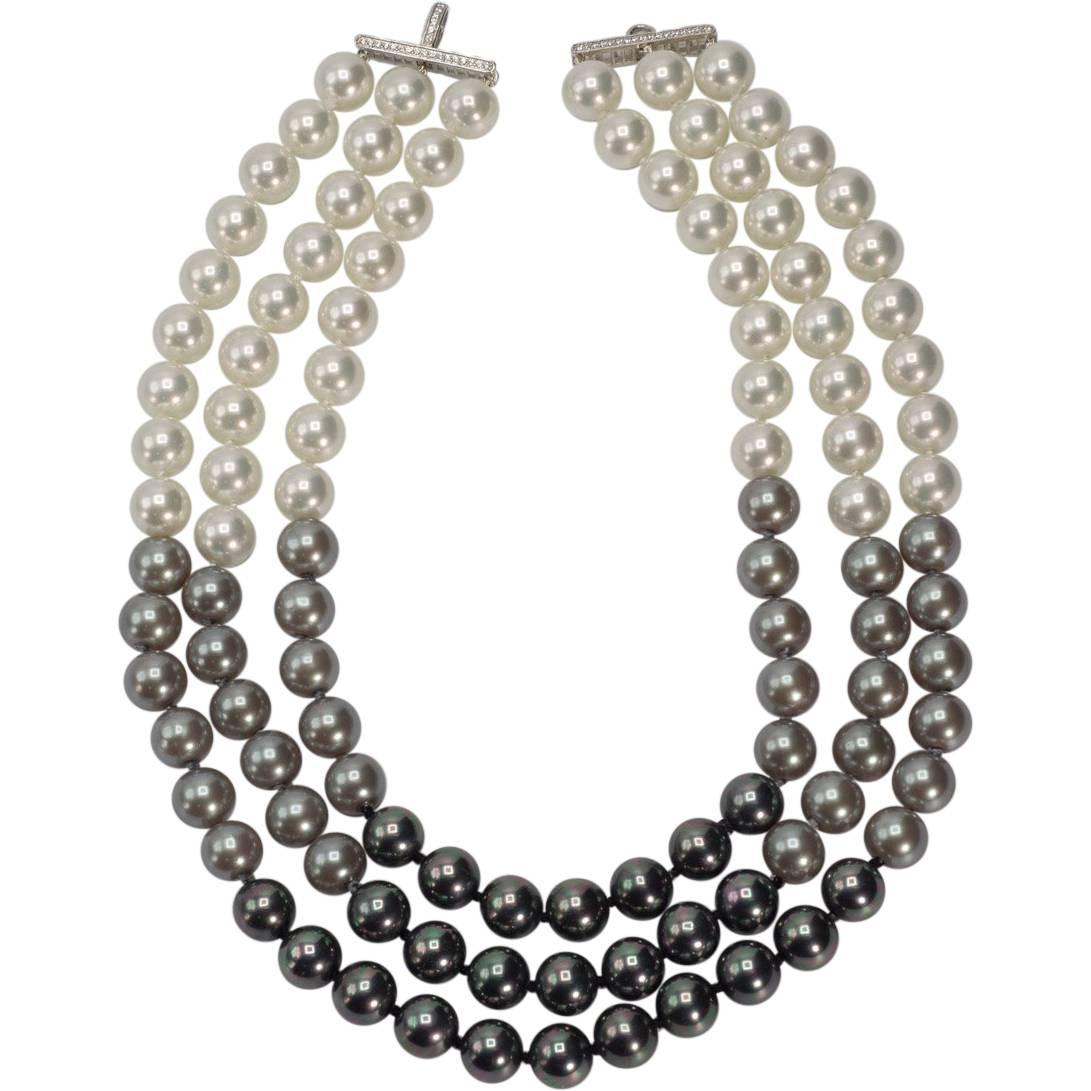 Triple Strand Shaded White To Tahitian To Black Faux Vintage Pearl Bib Necklace