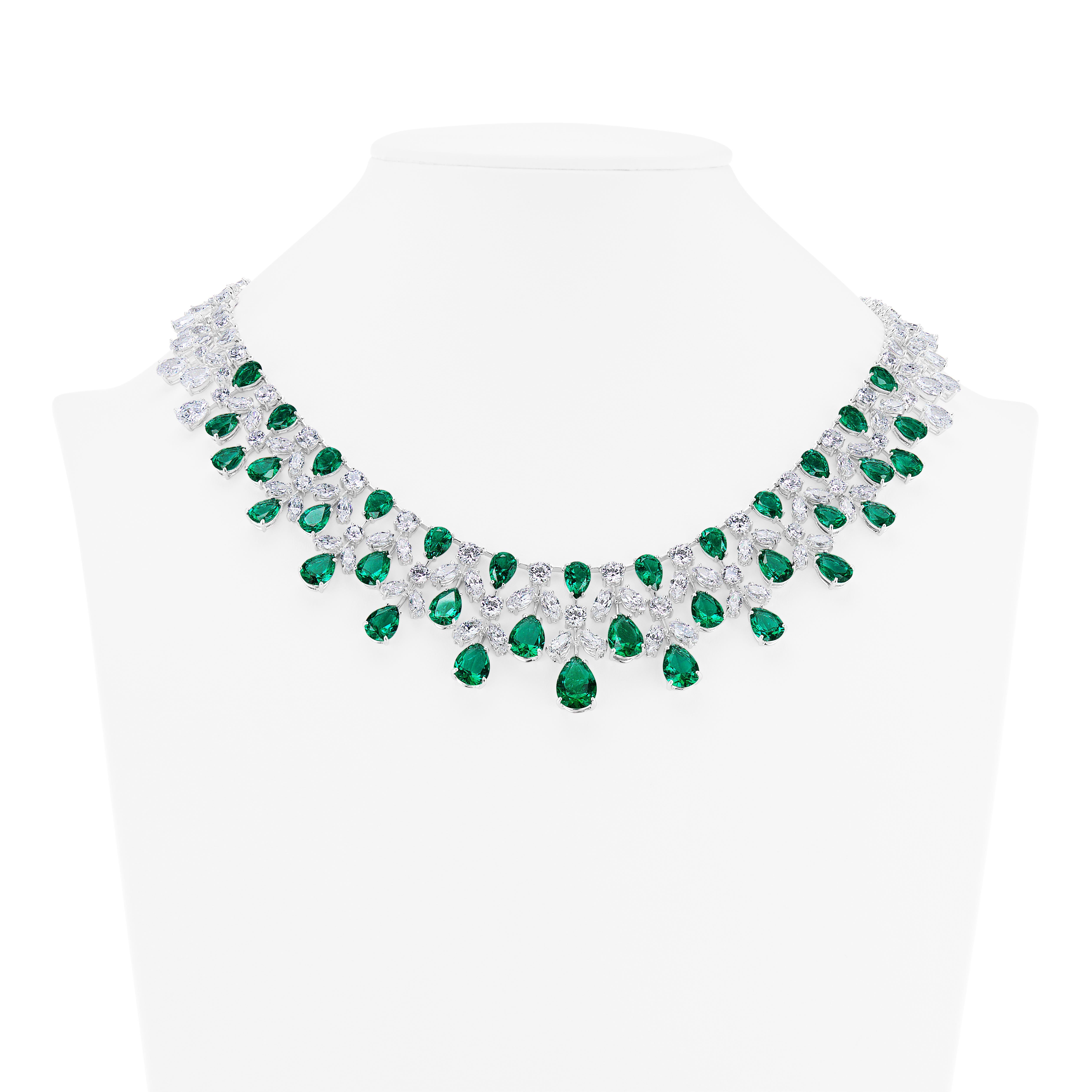 Contemporary Flexible Lace Effect Faux Emerald Cubic Zirconia Sterling Necklace