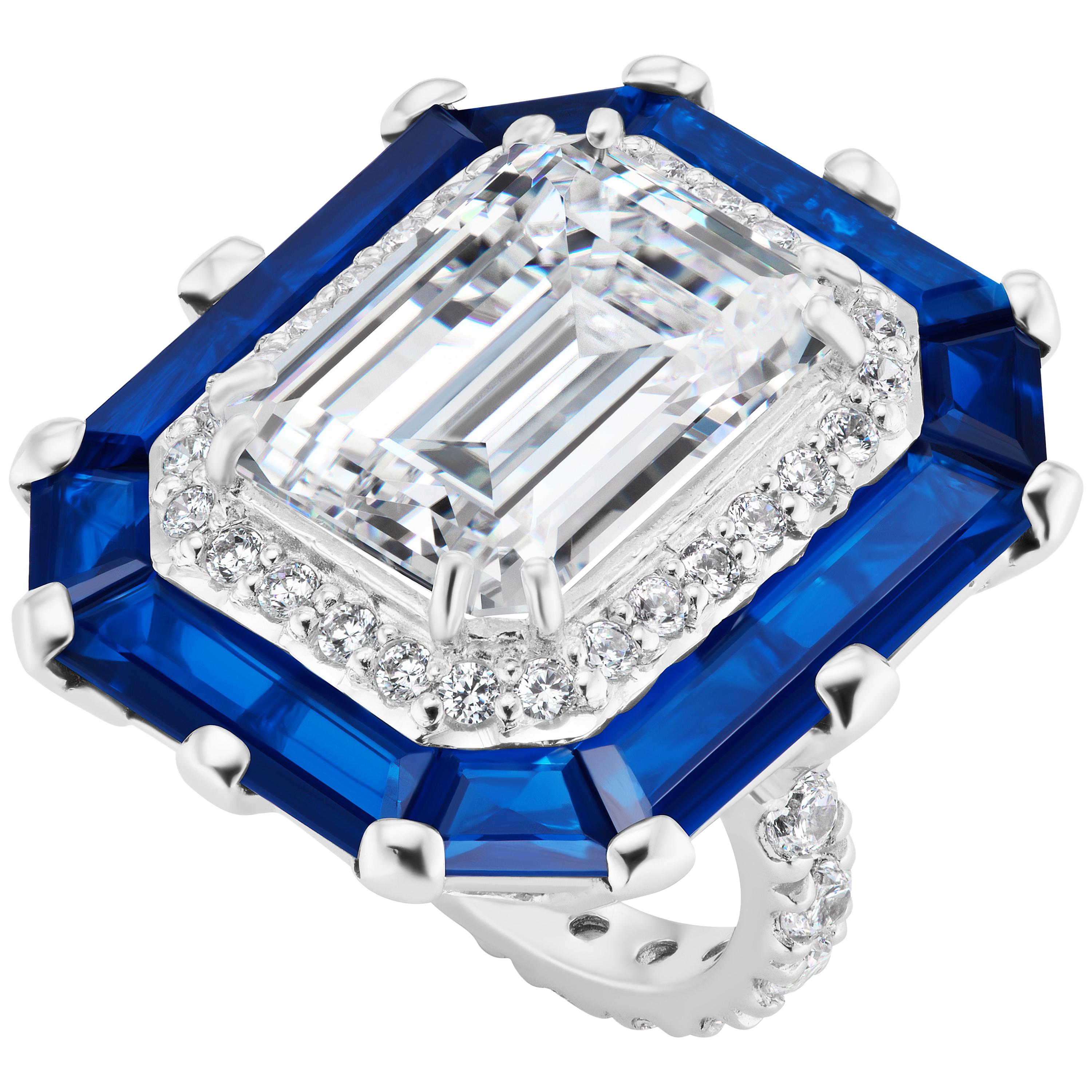 Art Deco Style Halo Cubic Zirconia Sapphire Sterling Ring