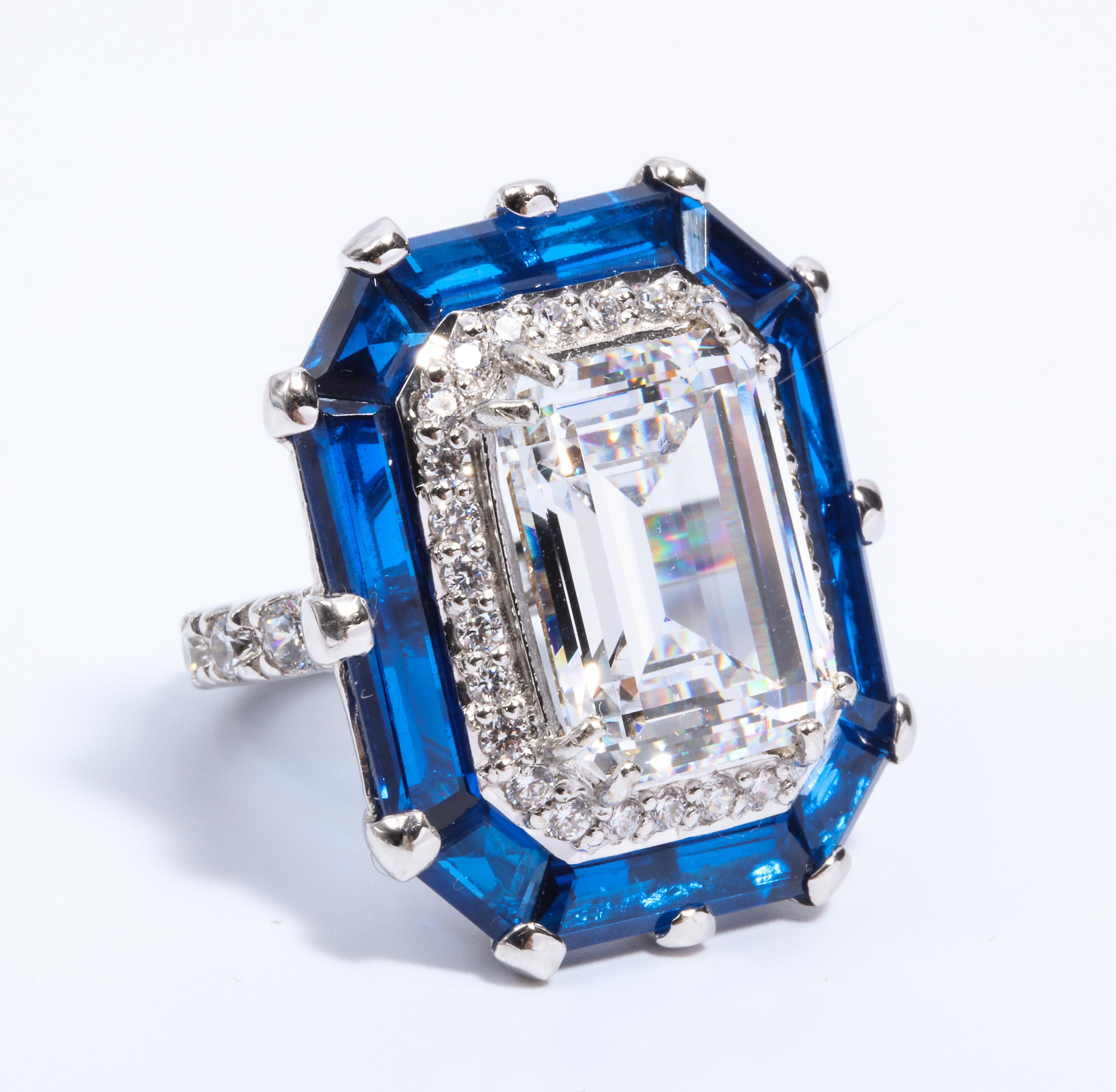 Women's Art Deco Style Halo Cubic Zirconia Sapphire Sterling Ring