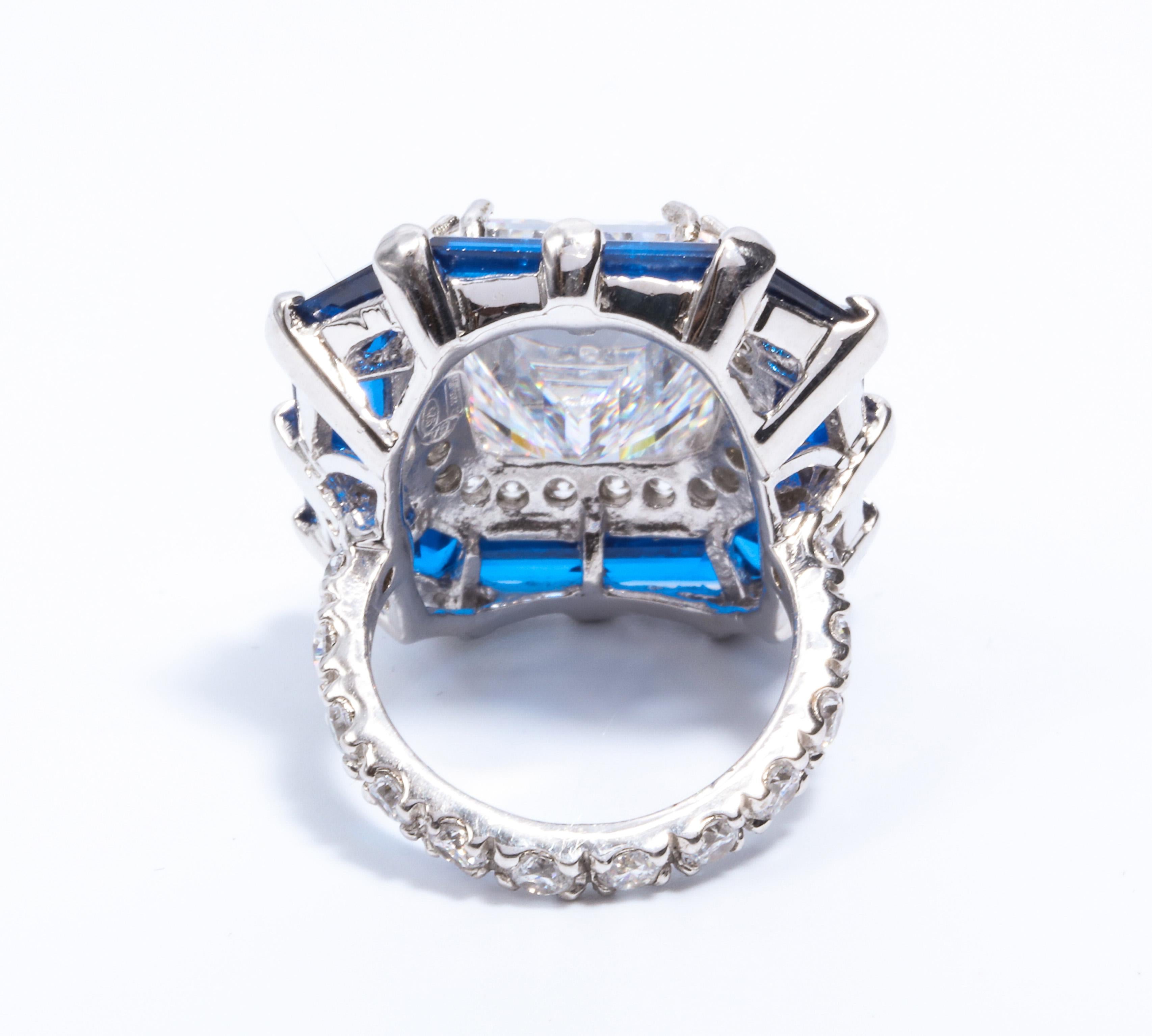 Art Deco Style Halo Cubic Zirconia Sapphire Sterling Ring 2