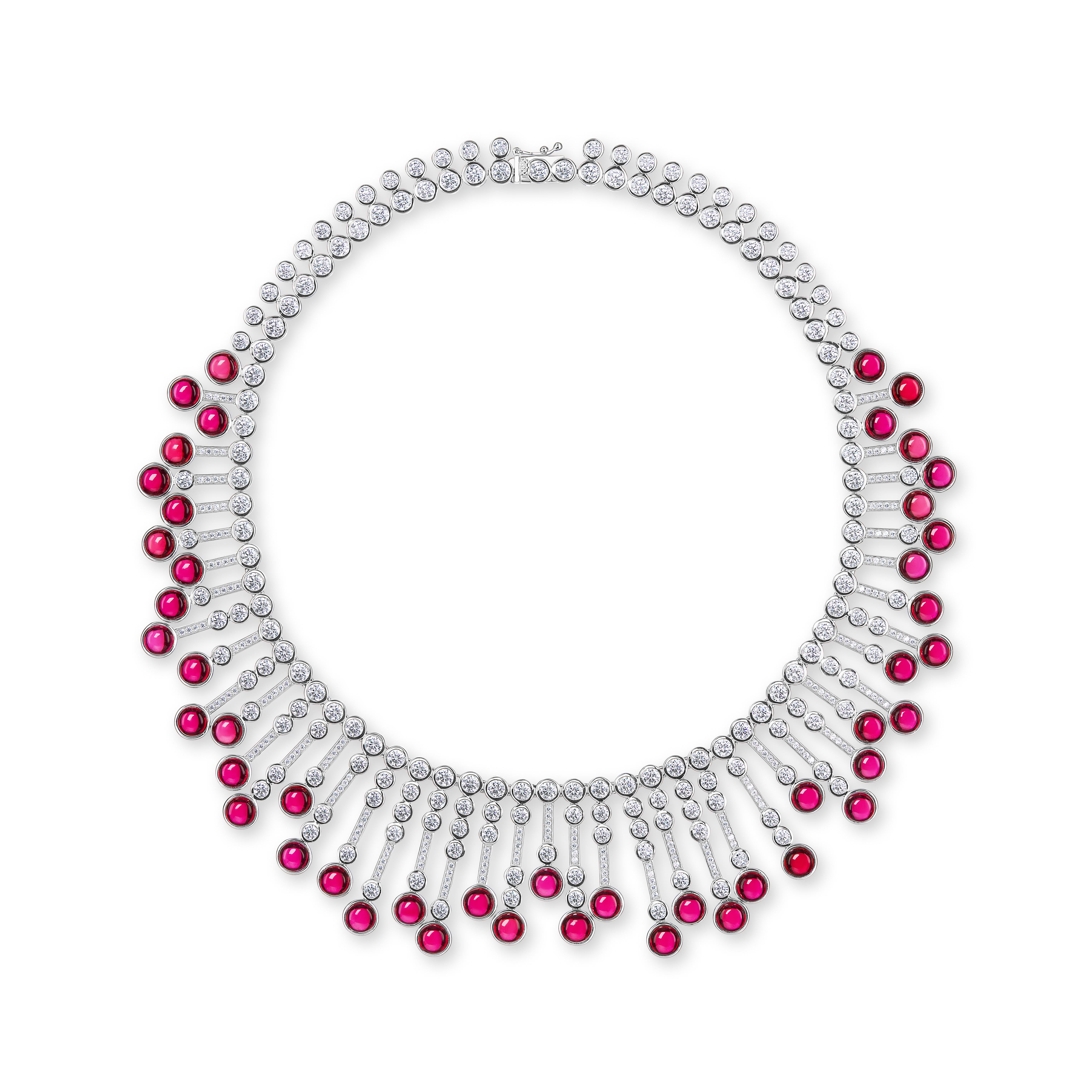 Contemporary Faux Cabochon Burma Ruby Diamond Fringe Sterling Necklace