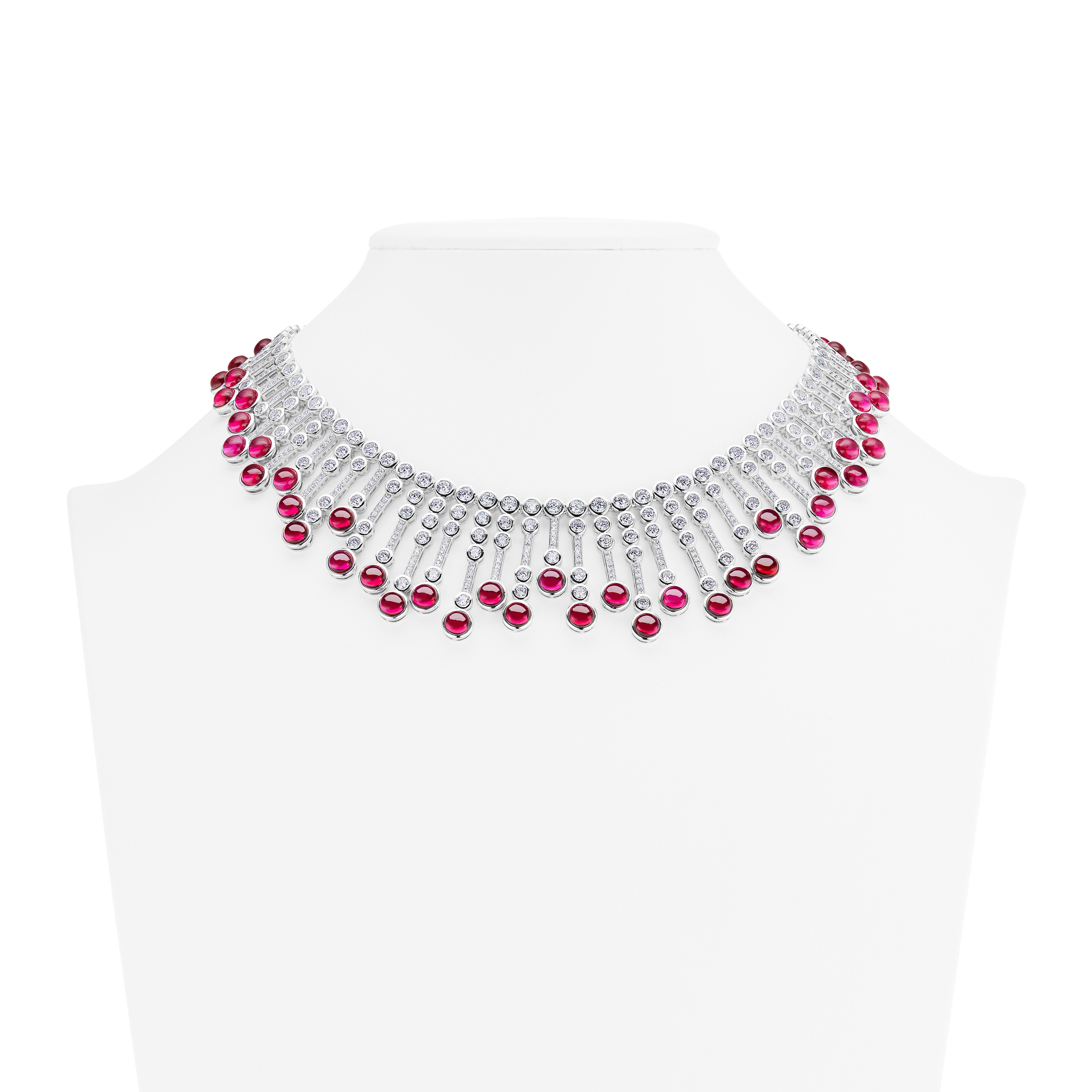 Faux Cabochon Burma Ruby Diamond Fringe Sterling Necklace In New Condition In New York, NY