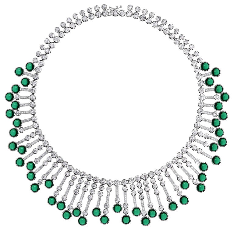 Synthetische Cabochon Smaragd Diamant Fransen Sterling Halskette 1