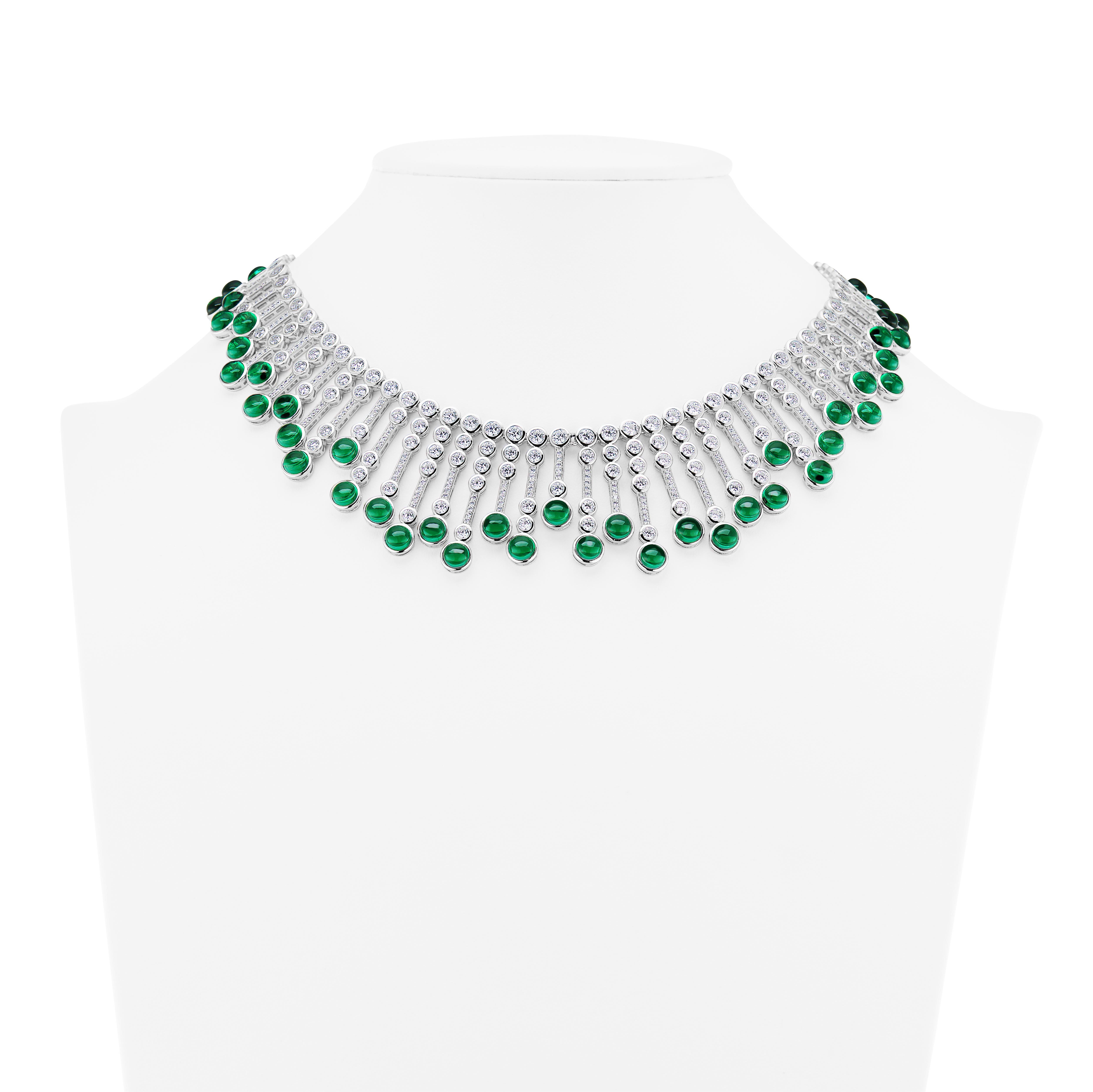 Contemporary Faux Cabochon Emerald Diamond Fringe Sterling Necklace