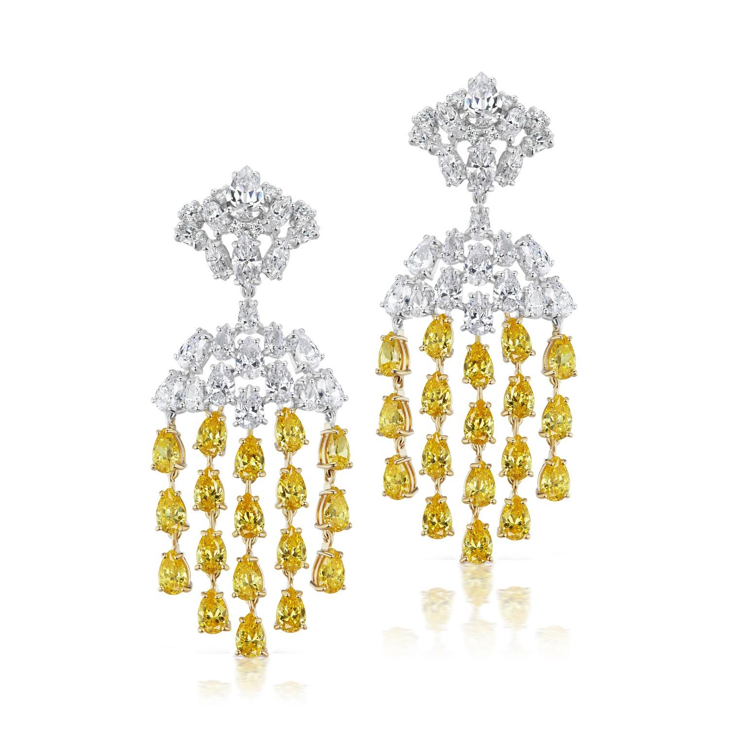 Canary Cubic Zirconia Waterfall Chandelier Earrings In New Condition In New York, NY