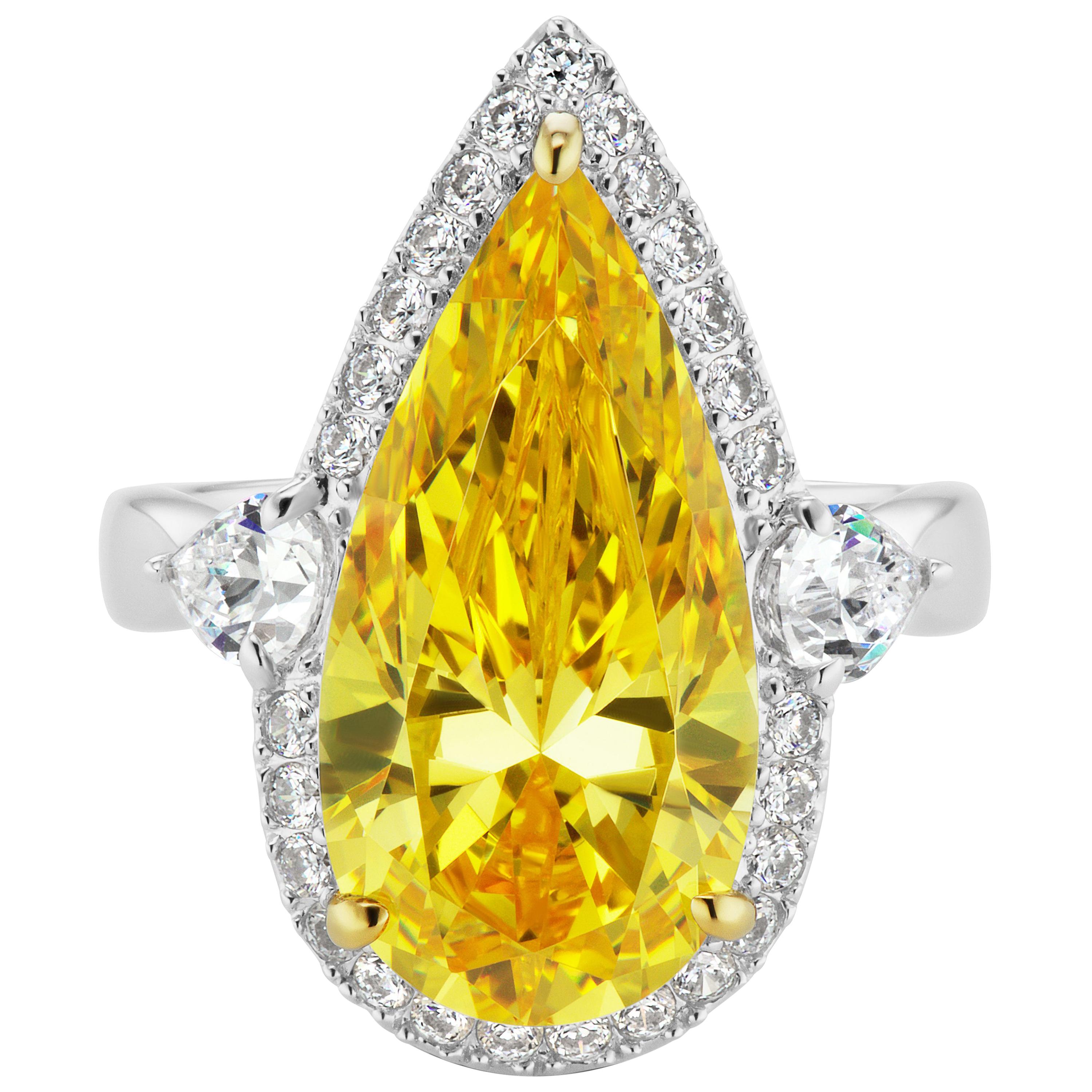 Pear Shape Canary Yellow Cubic Zirconia Halo Sterling Ring