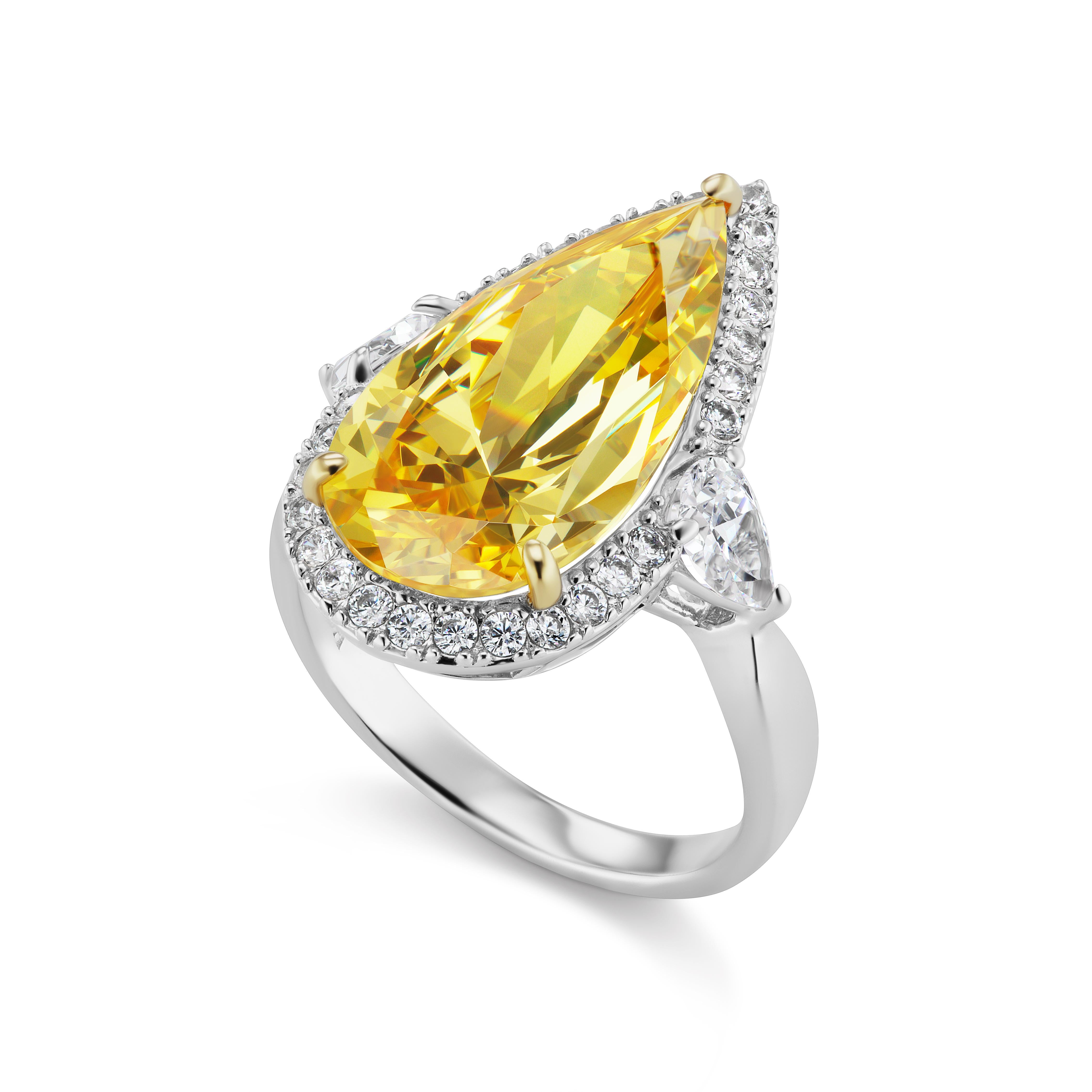 Magnificent  Costume Jewelry Pear Shape Cubic Zirconia Bright Sparkly Canary Yellow Diamond Bordered White CZ Diamond Halo Sterling Ring. Measures 1 inch long by 3/4 inch widest.  Free sizing