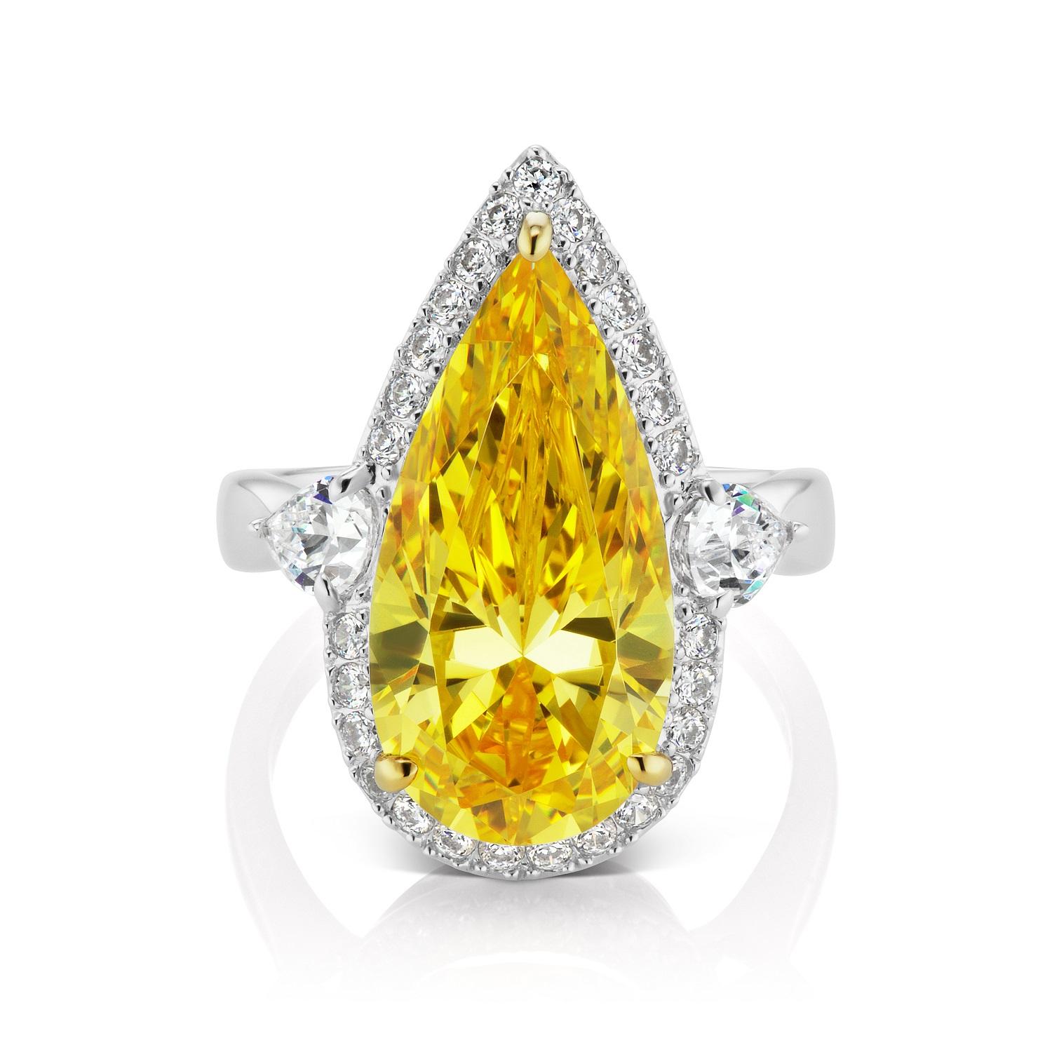 Art Deco Pear Shape Canary Yellow Cubic Zirconia Halo Sterling Ring