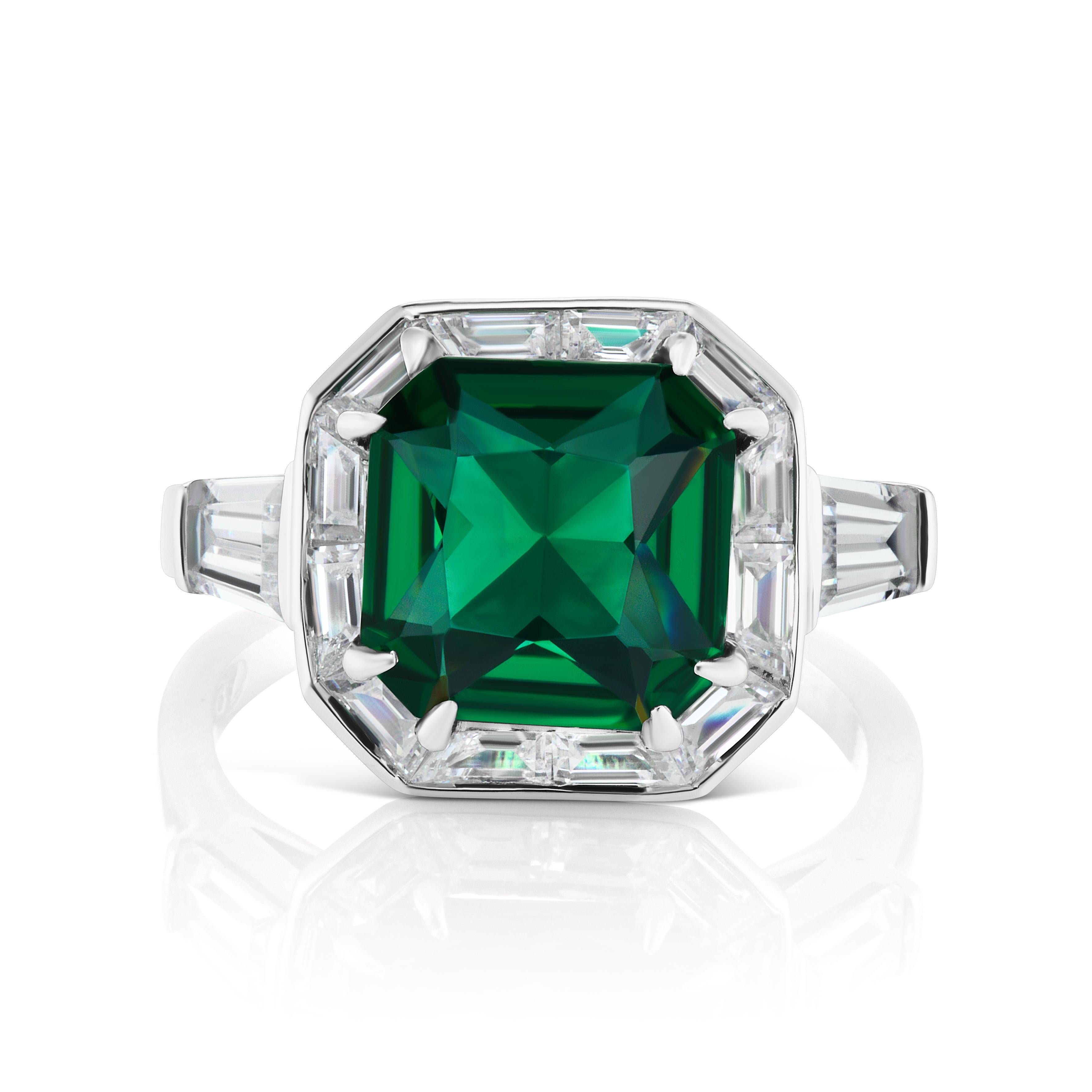 Art Deco Style Square Emerald Halo Style Silver Ring In New Condition In New York, NY