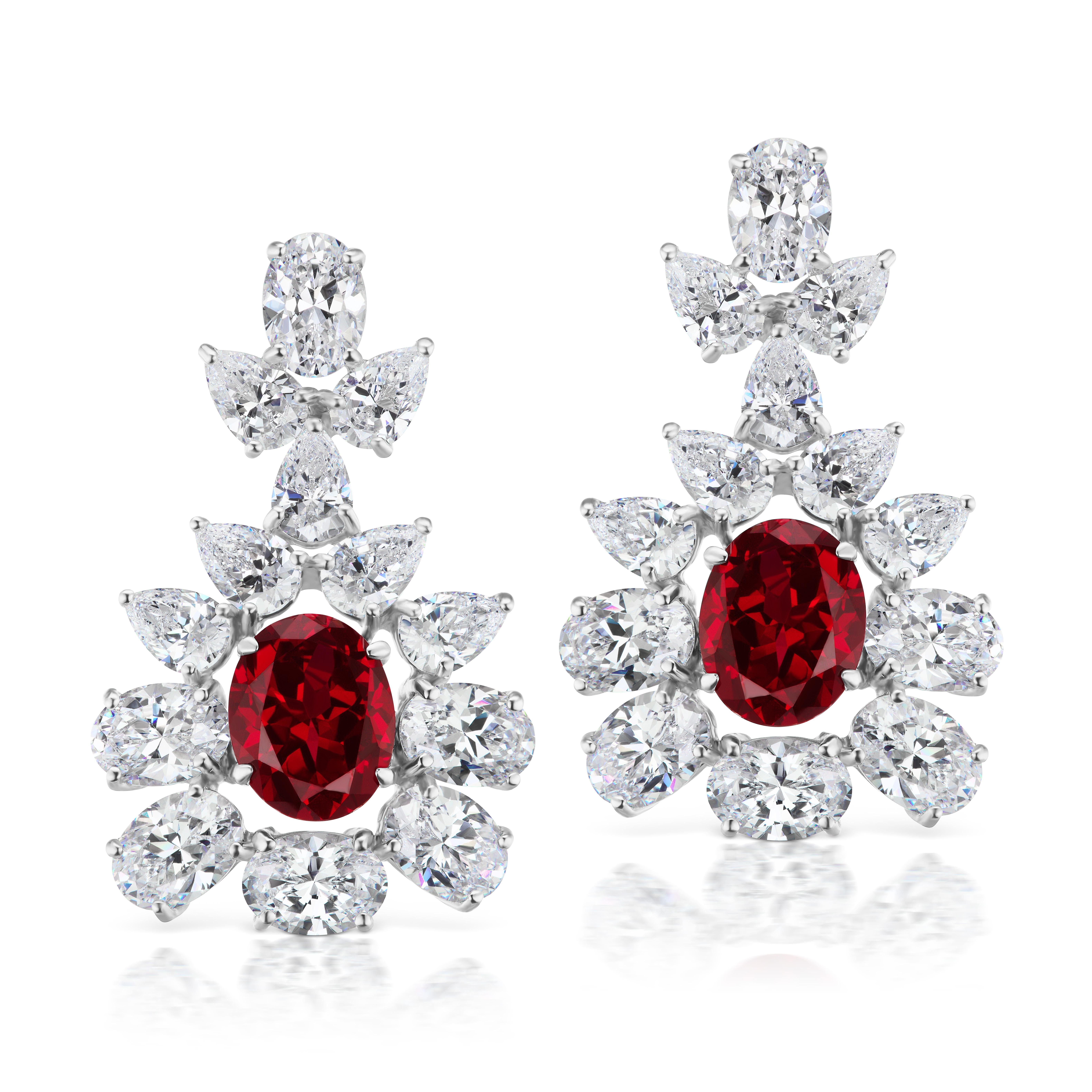 Magnificent  Costume Jewelry Charming Faux Ruby CZ Diamond  Earrings Of Assorted Marquise, Ovals and Pear-shape Cubic Zirconia Centering A Faux Burma Ruby. Sterling Posts Only 1.5 inches x 1inch wide 