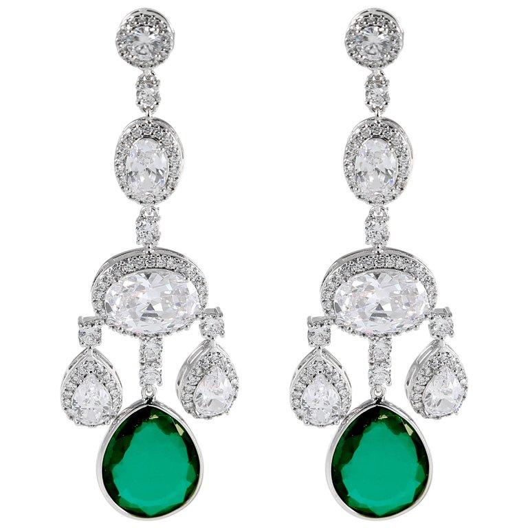 Faux diamond emerald shimmering girandole chandelier earrings made of the finest hand set man-made gems. Totally real looking glamorous faux jewelry, light as a feather, flexible and post fitting measures 3'' long by 1'' wide.