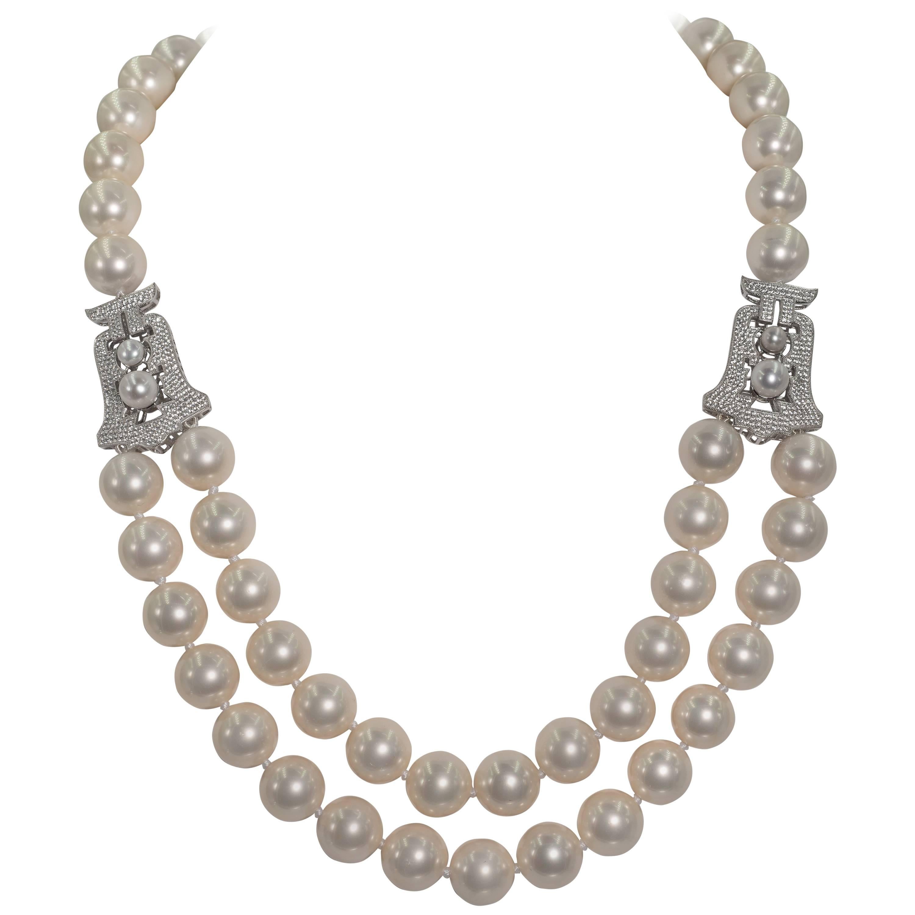 Art Deco Style Faux 14 MM Pearl Cubic Zirconia Sterling Two Row Necklace