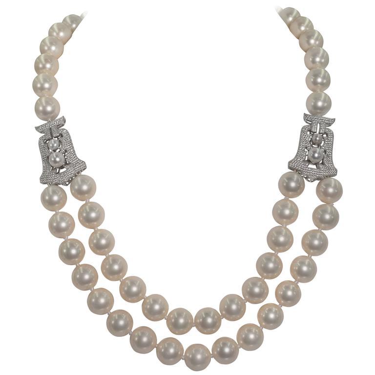 Women's Art Deco Style Faux 14 MM Pearl Cubic Zirconia Sterling Two Row Necklace