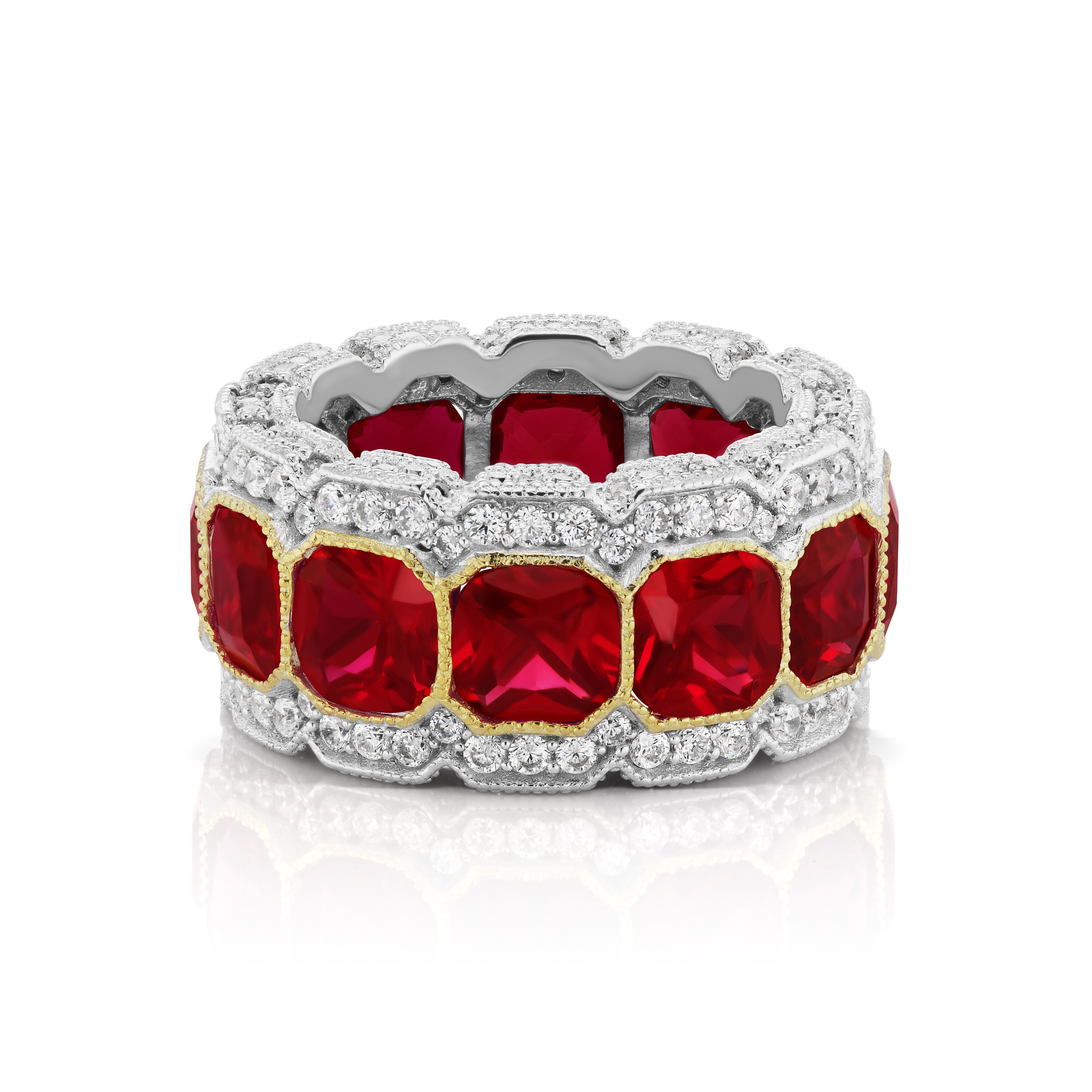 Magnificent Costume Jewelry stunning synthetic  ruby diamond half inch wide band mille-grain set with stones on the side as well all completely pave. Colored stones set in gold vermeil for distinct design. Each colored stone is about one carat look.