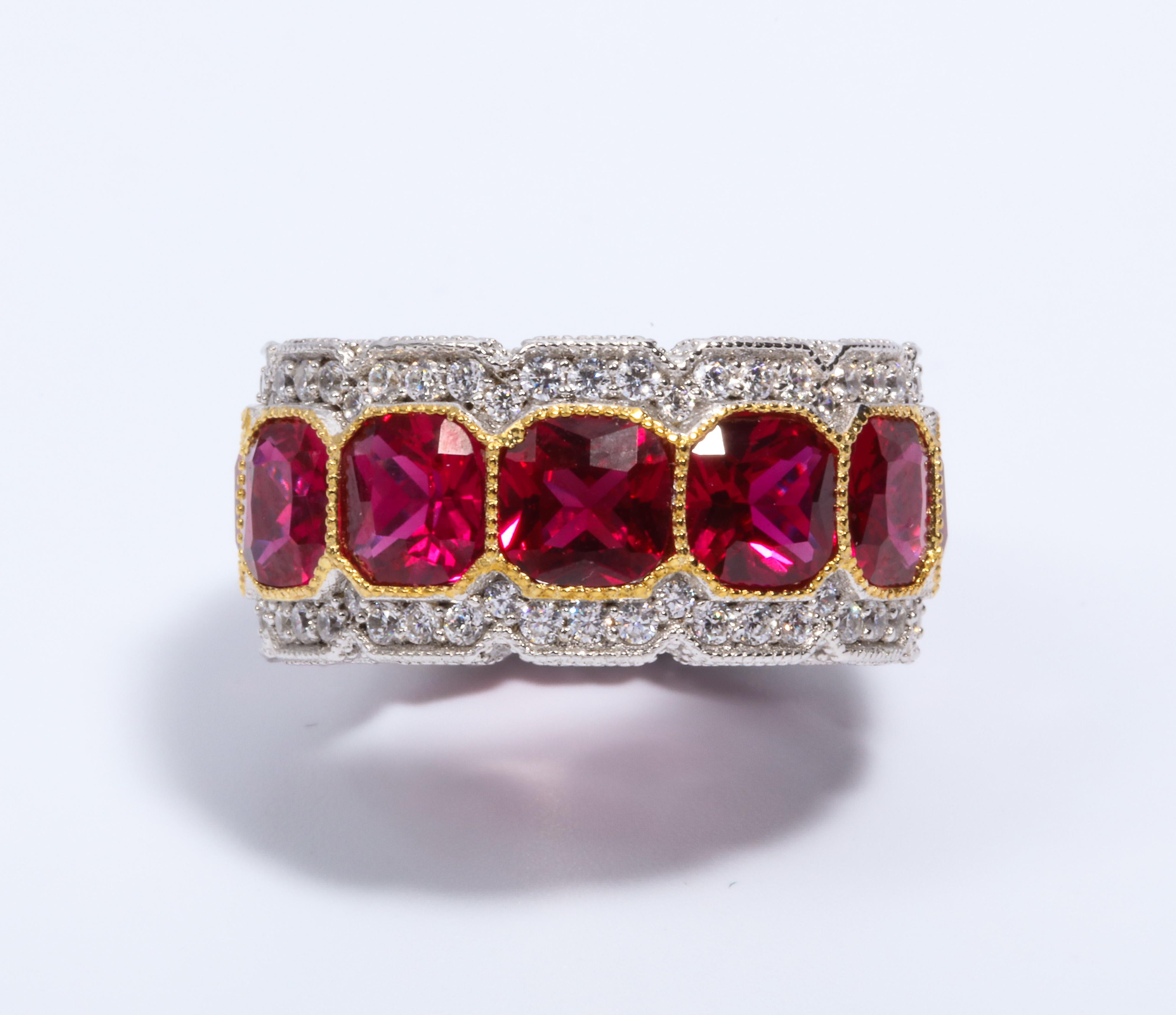 Stunning Faux Ruby Cubic Zirconia Half Inch Wide Band In New Condition In New York, NY
