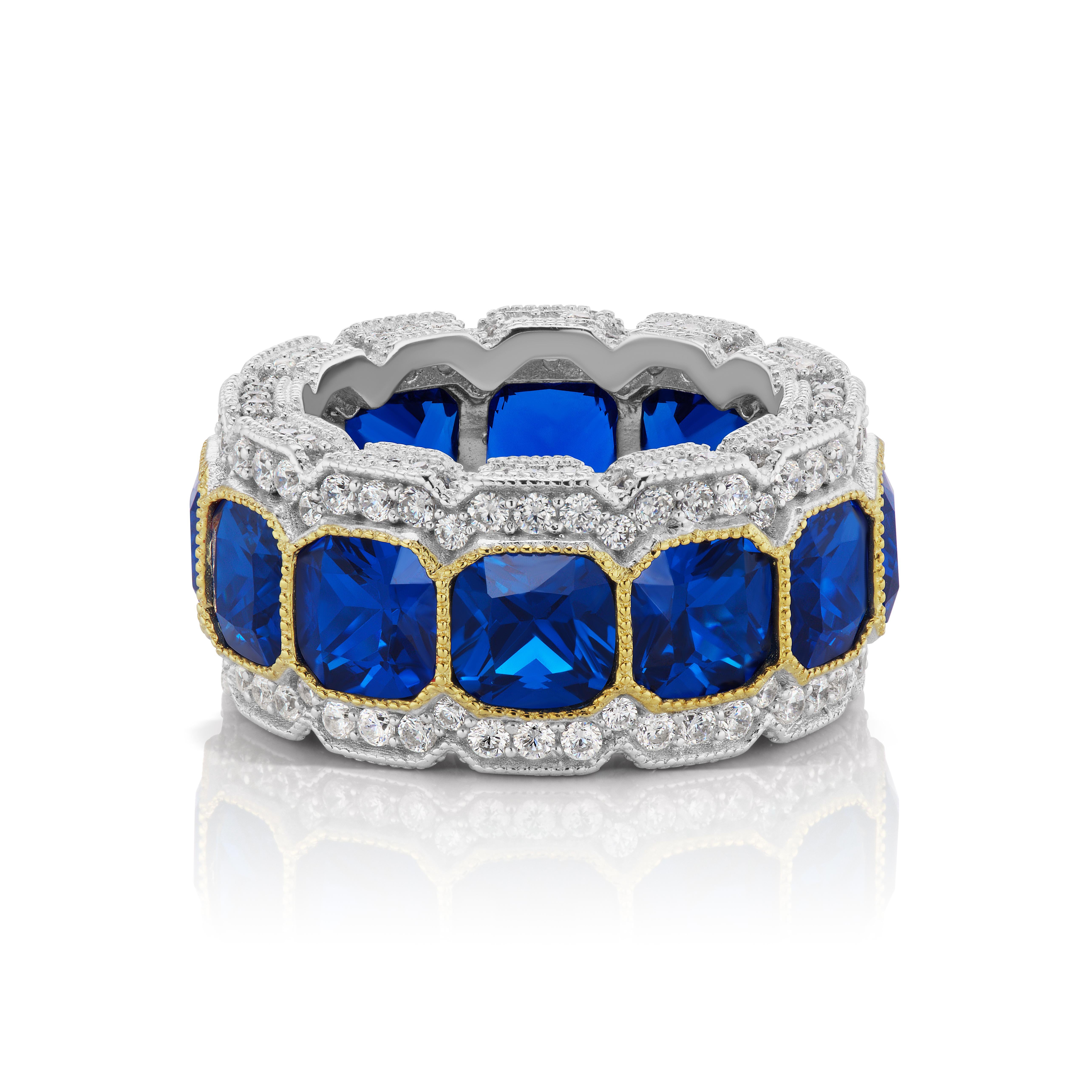 Magnificent Costume Jewelry stunning synthetic sapphire diamond half inch wide band mille-grain set with stones on the side as well all completely pave. Colored stones set in gold vermeil for distinct design. Each colored stone is about one carat