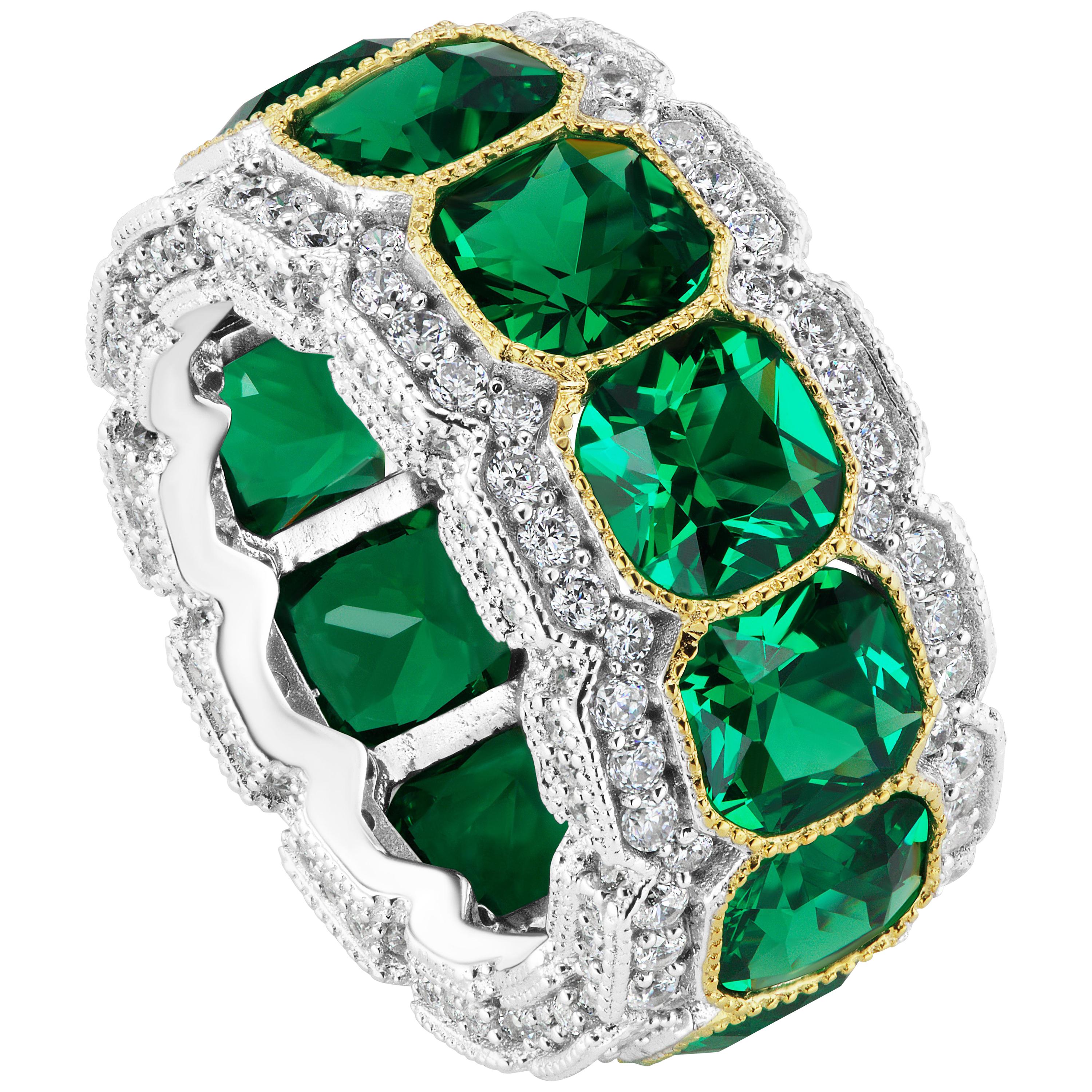 Faux Emerald Cubic Zirconia Half Inch Wide Sterling Band