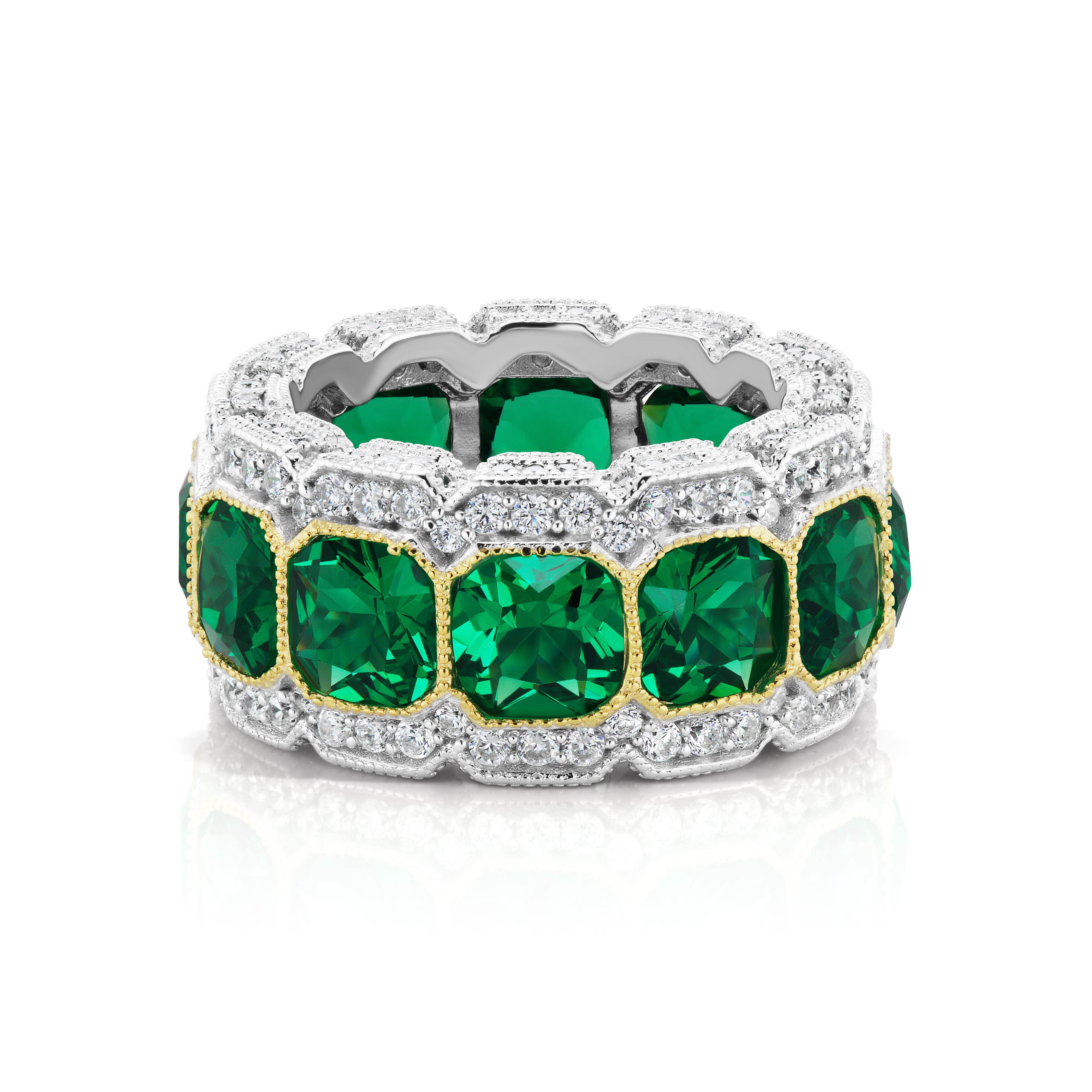 
Magnificent Costume Jewelry stunning synthetic Colombian emerald diamond half inch wide band mille-grain set with stones on the side as well all completely pave. Colored stones set in gold vermeil for distinct design. Each colored stone is about