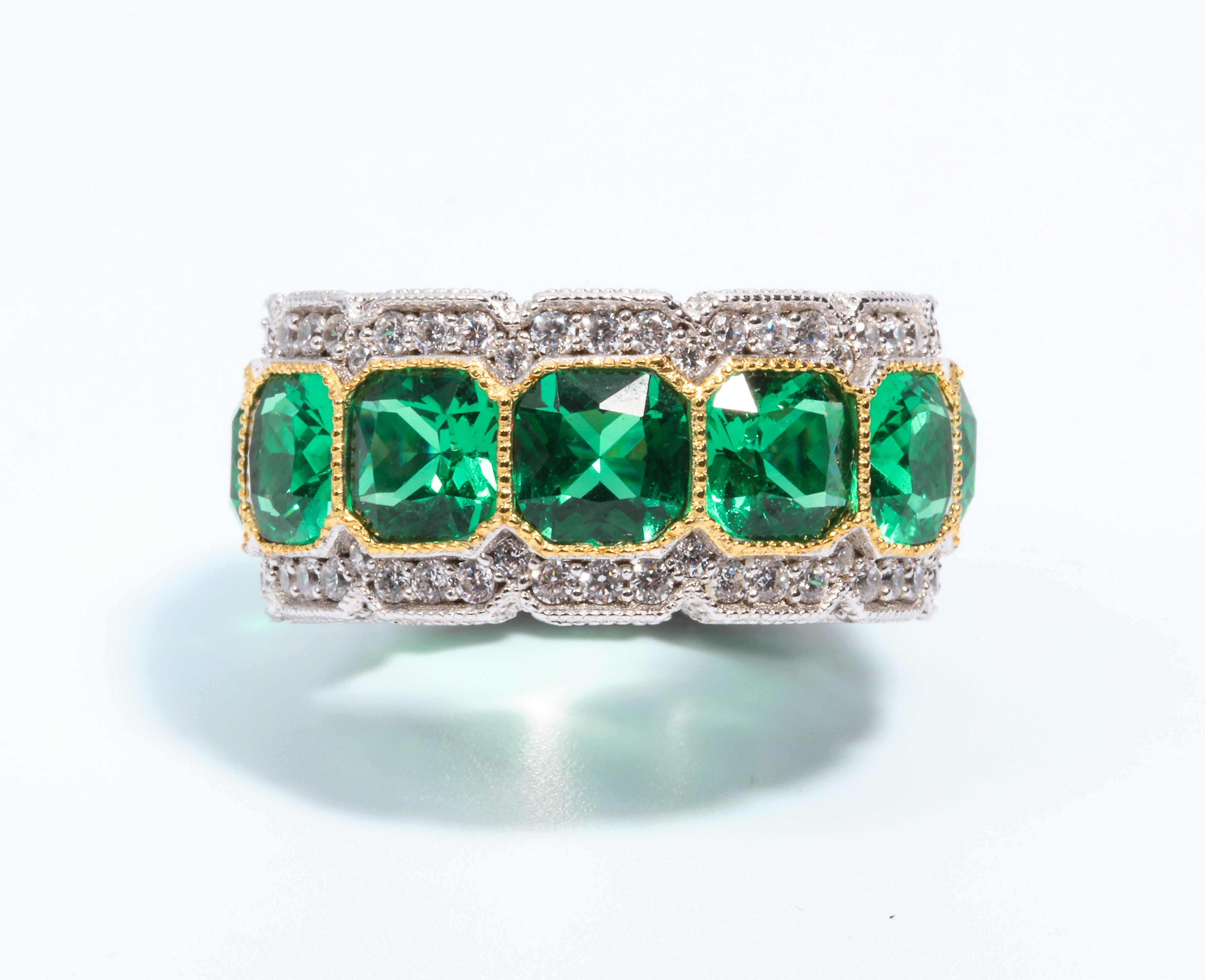 Art Deco Faux Emerald Cubic Zirconia Half Inch Wide Sterling Band