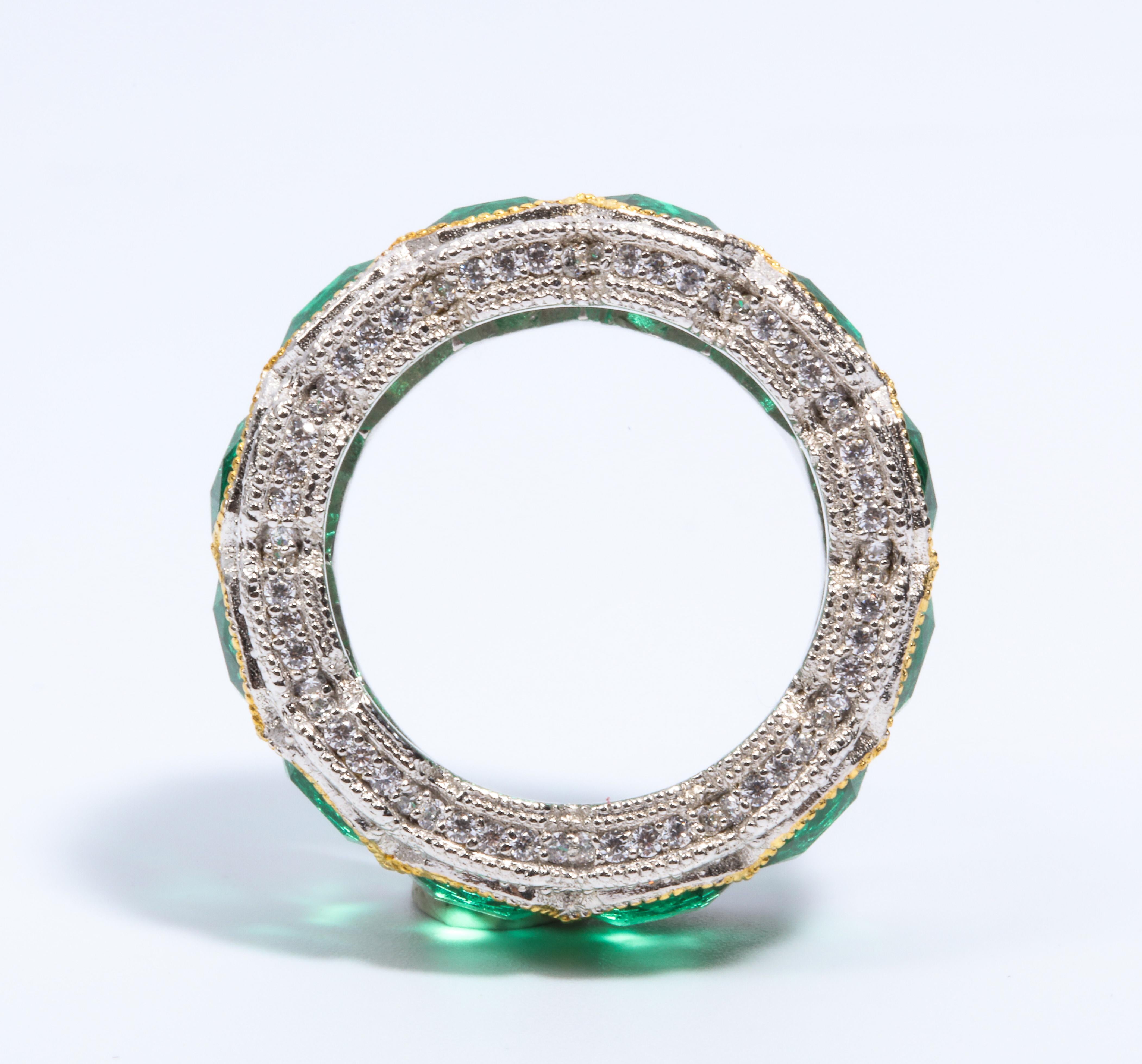 Faux Emerald Cubic Zirconia Half Inch Wide Sterling Band In New Condition In New York, NY