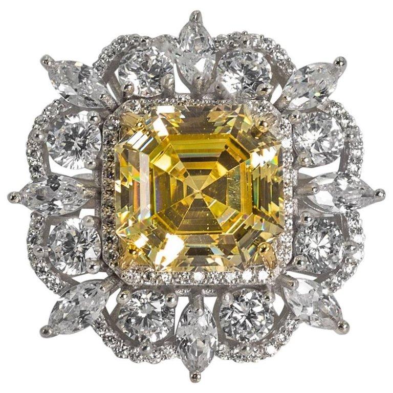 Synthetic 15 Carat  Yellow Emerald Cut CZ Diamond Ring In New Condition In New York, NY