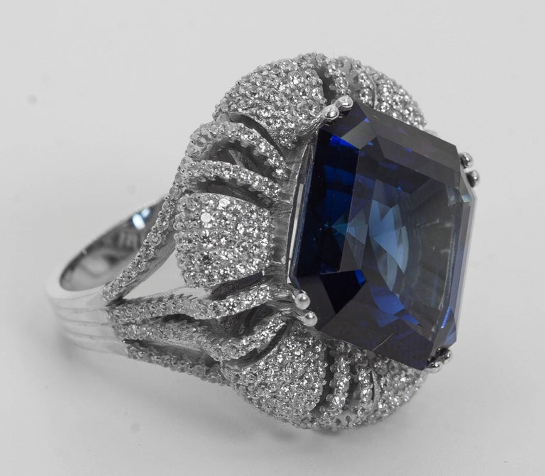 10 Carat Faux Sapphire Cubic Zirconia Sterling Statement Ring For Sale