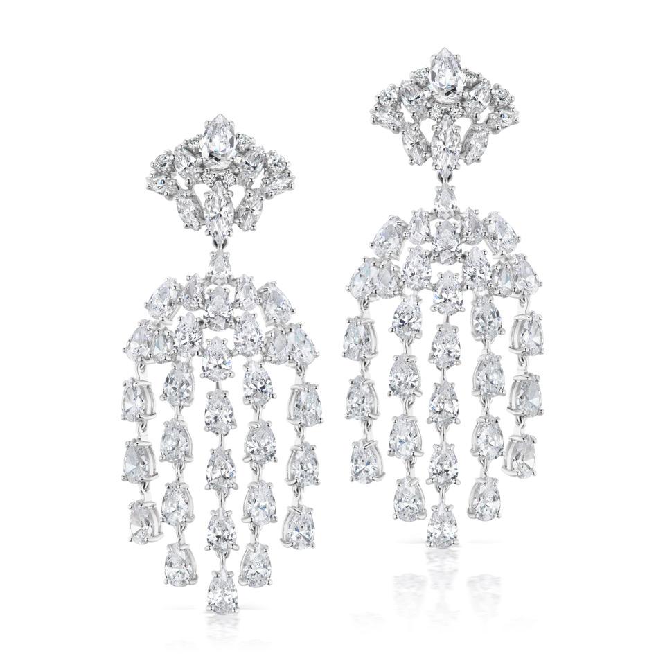 Magnificent Costume Jewelry faux marquise and pear shape diamond waterfall chandelier earrings made of scintillating CZ all flexible shimmering and chic! Hand made in rhodium sterling clip/post measure 2.50 inches long by 1 inch wide