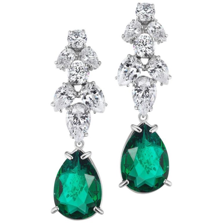 Diamond and Emerald Art Deco Style Filigree Drop Earrings in 14K White