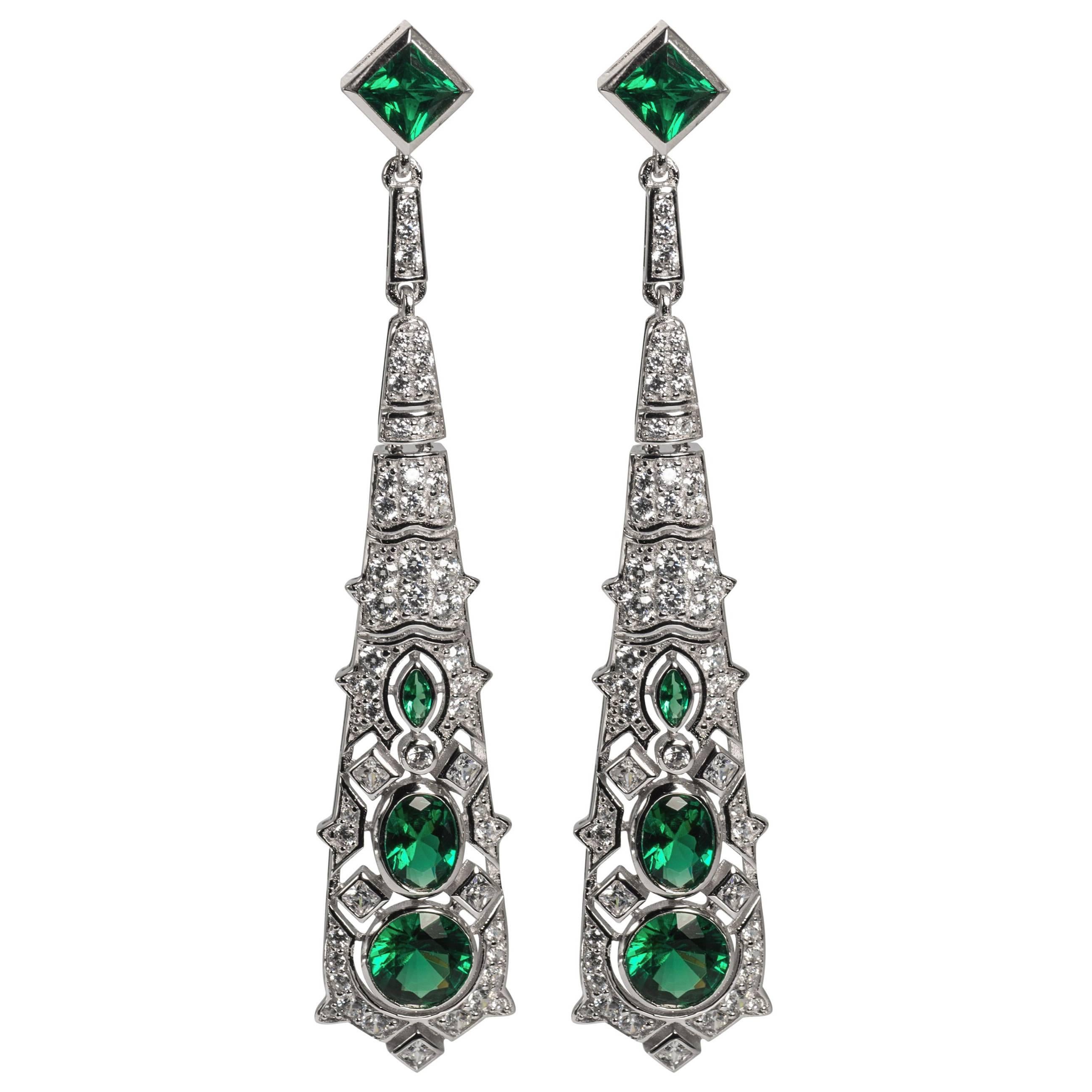 Cubic Zirconia Emerald Art Deco Revival Earrings