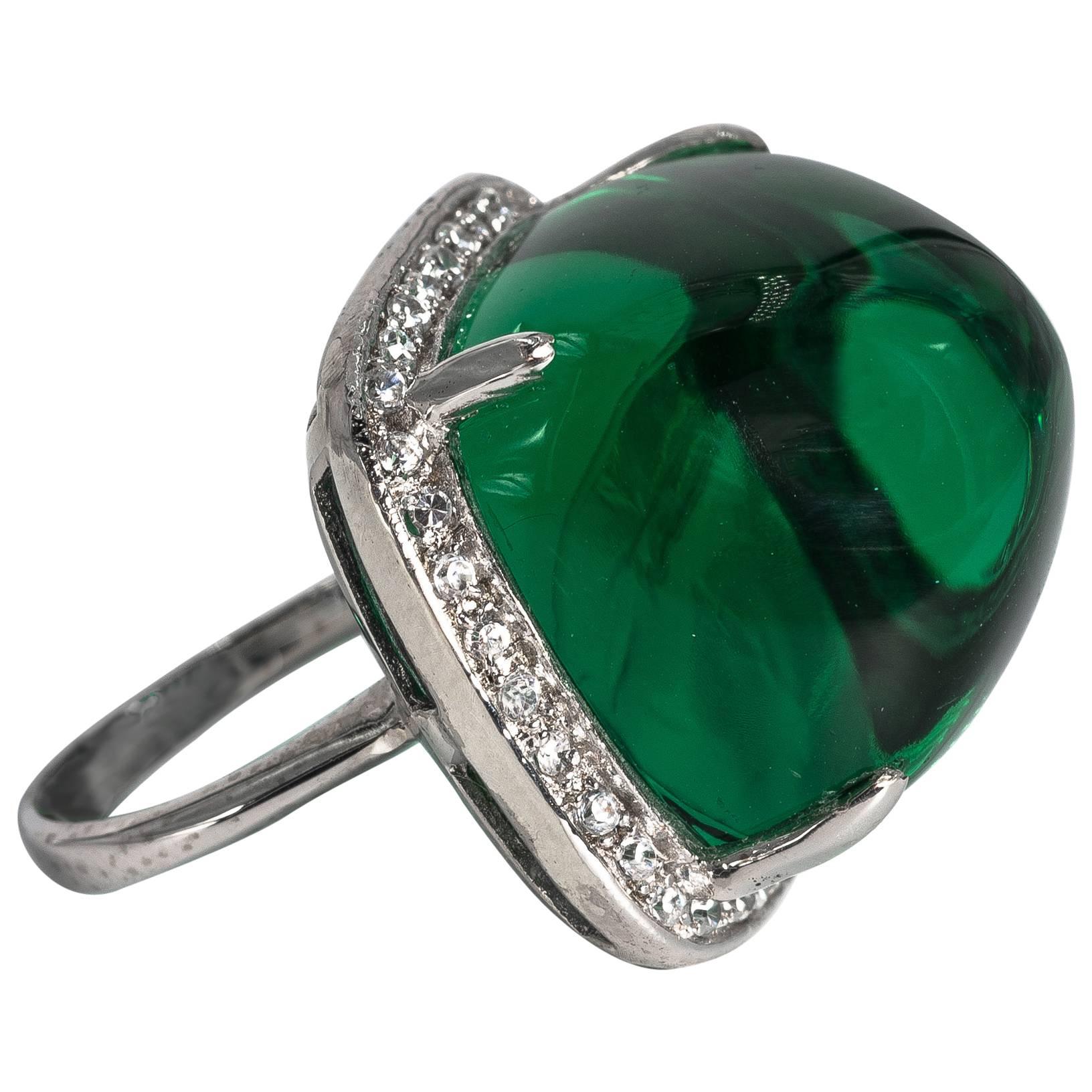 Art Deco Style Large Faux Cabochon Emerald Cubic Zirconia Ring