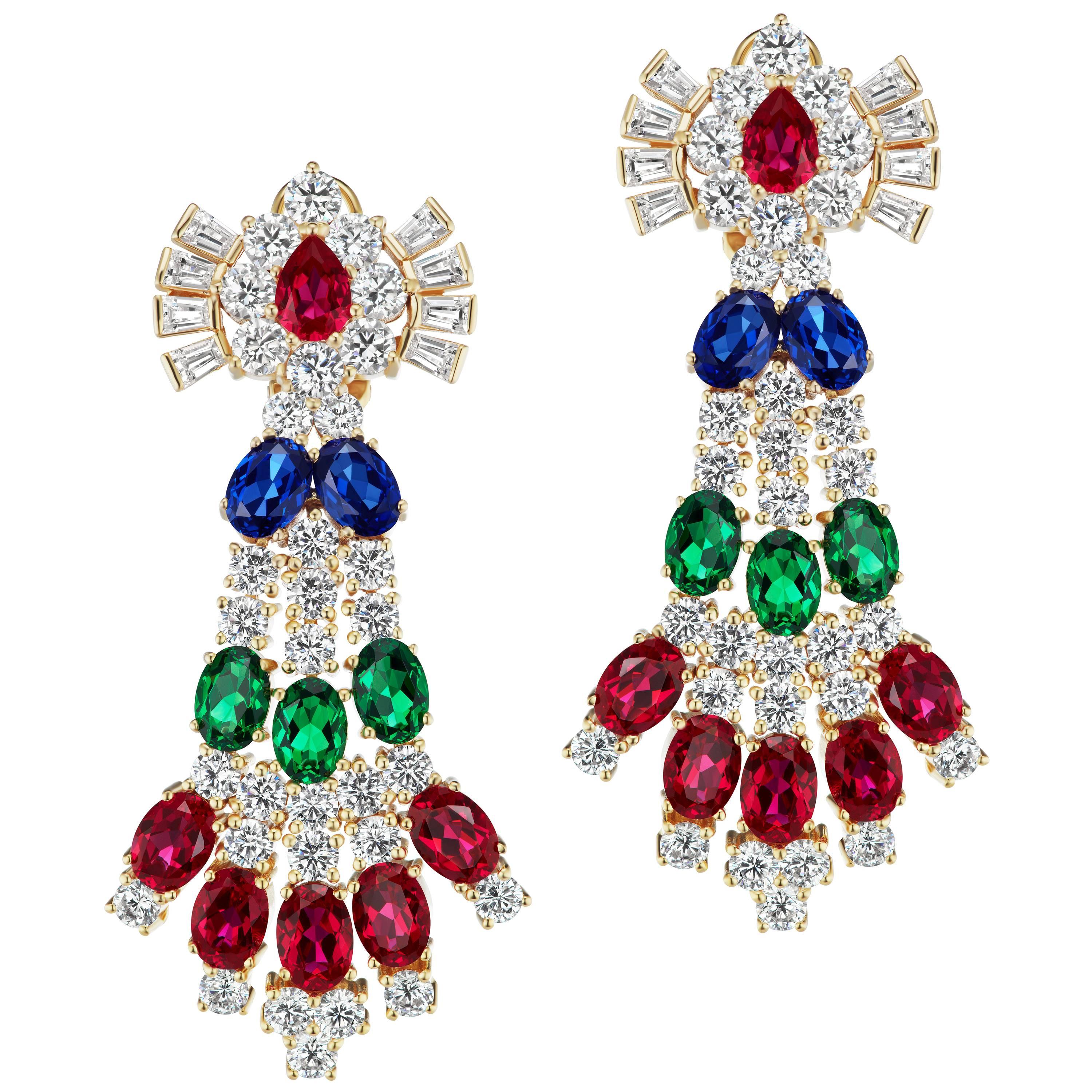 Cubic Zirconia Faux Emerald Ruby Sapphire Vermeil Sterling Earrings