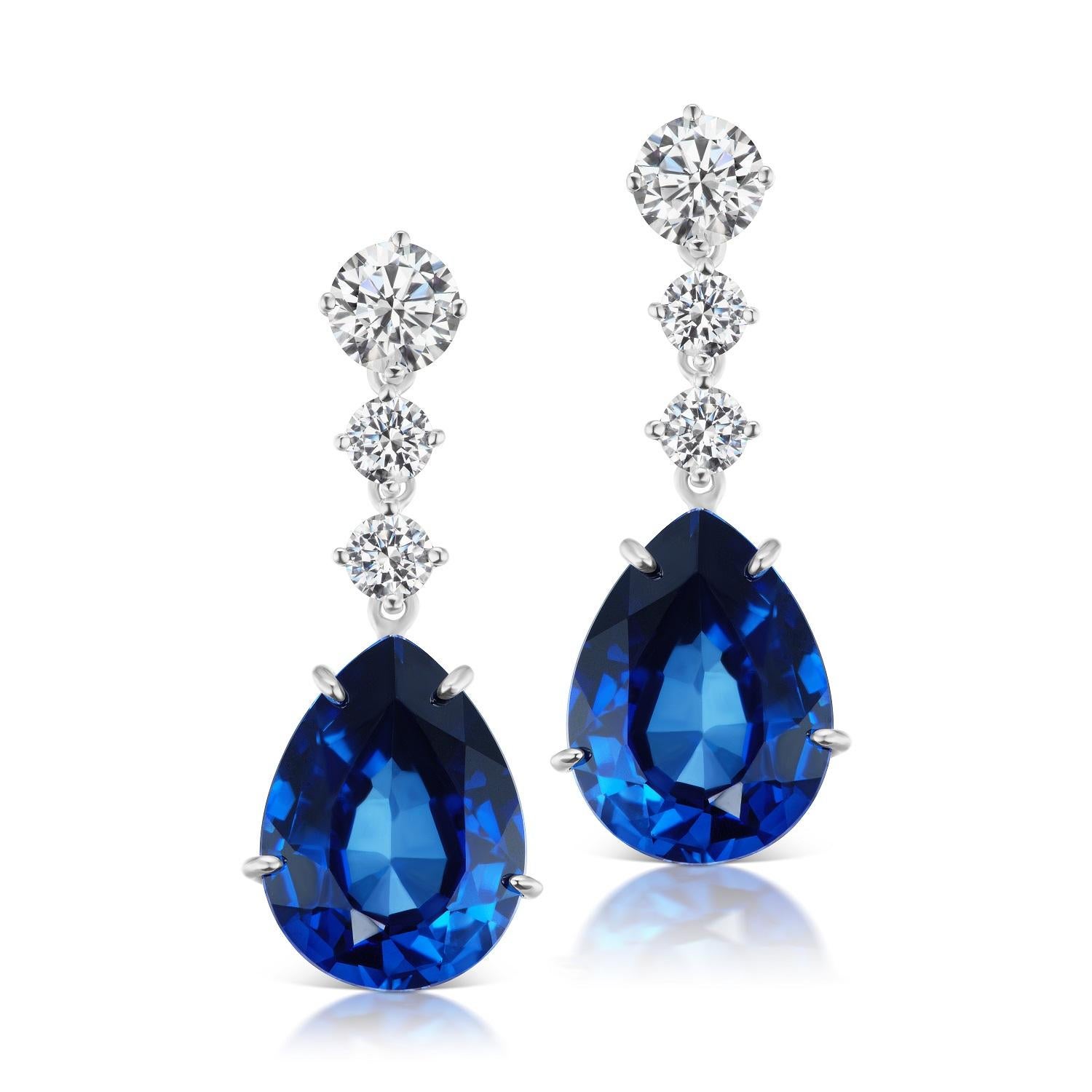 Synthetic Pear Sapphire Cubic Zirconia Drop Sterling Earrings In New Condition In New York, NY