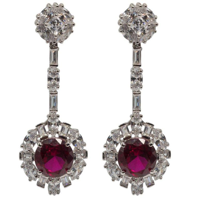 Art Deco Style  Cubic Zirconia  ruby costume jewelry earrings finest cubic zirconia set in sterling.  Exquisite quality round, baguettes and marquises. One inch long post only.