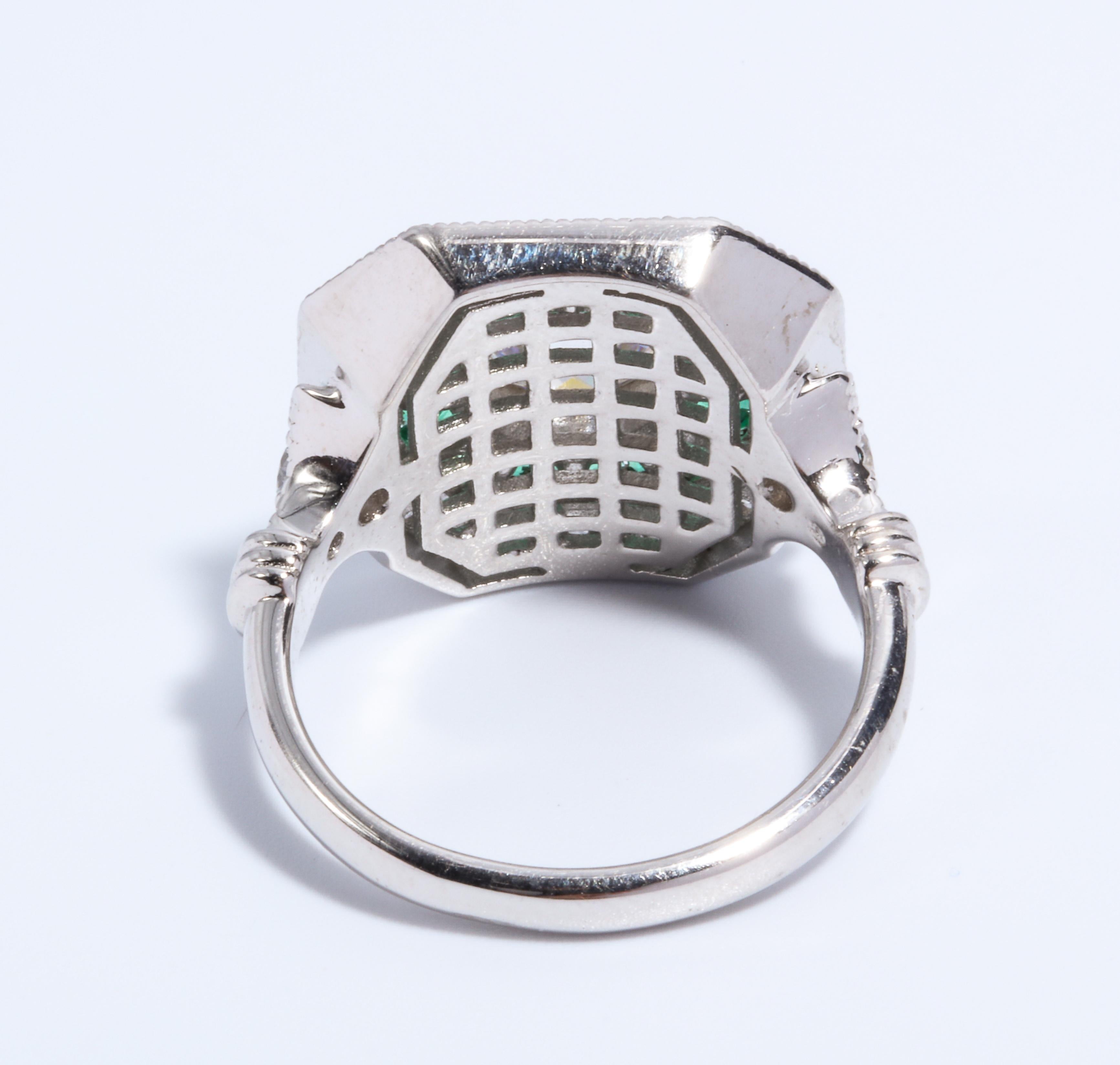 Art Deco Style  Cubic Zirconia Synthetic Emerald Sterling Ring 2