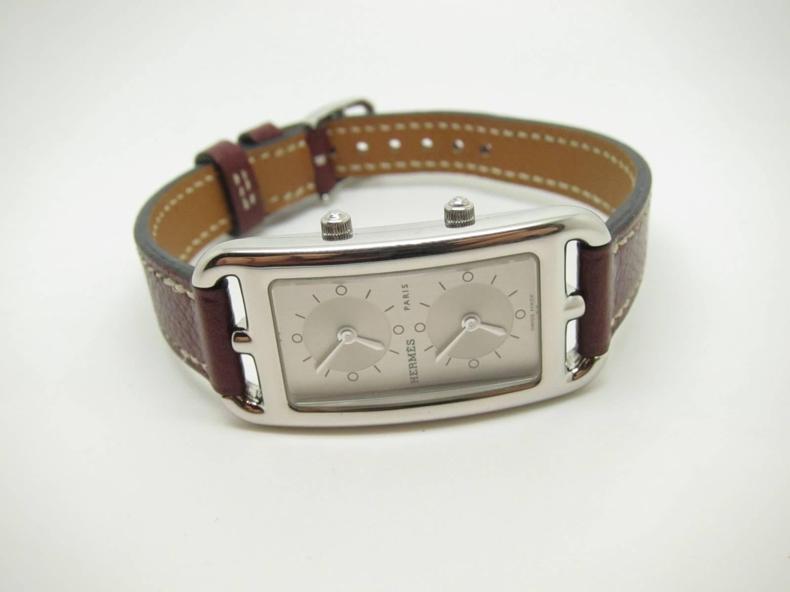 Hermes Cape Cod bizone watch.
case Stainless Steel
Band: Hermes leather band
Buckle: Stainless Steel