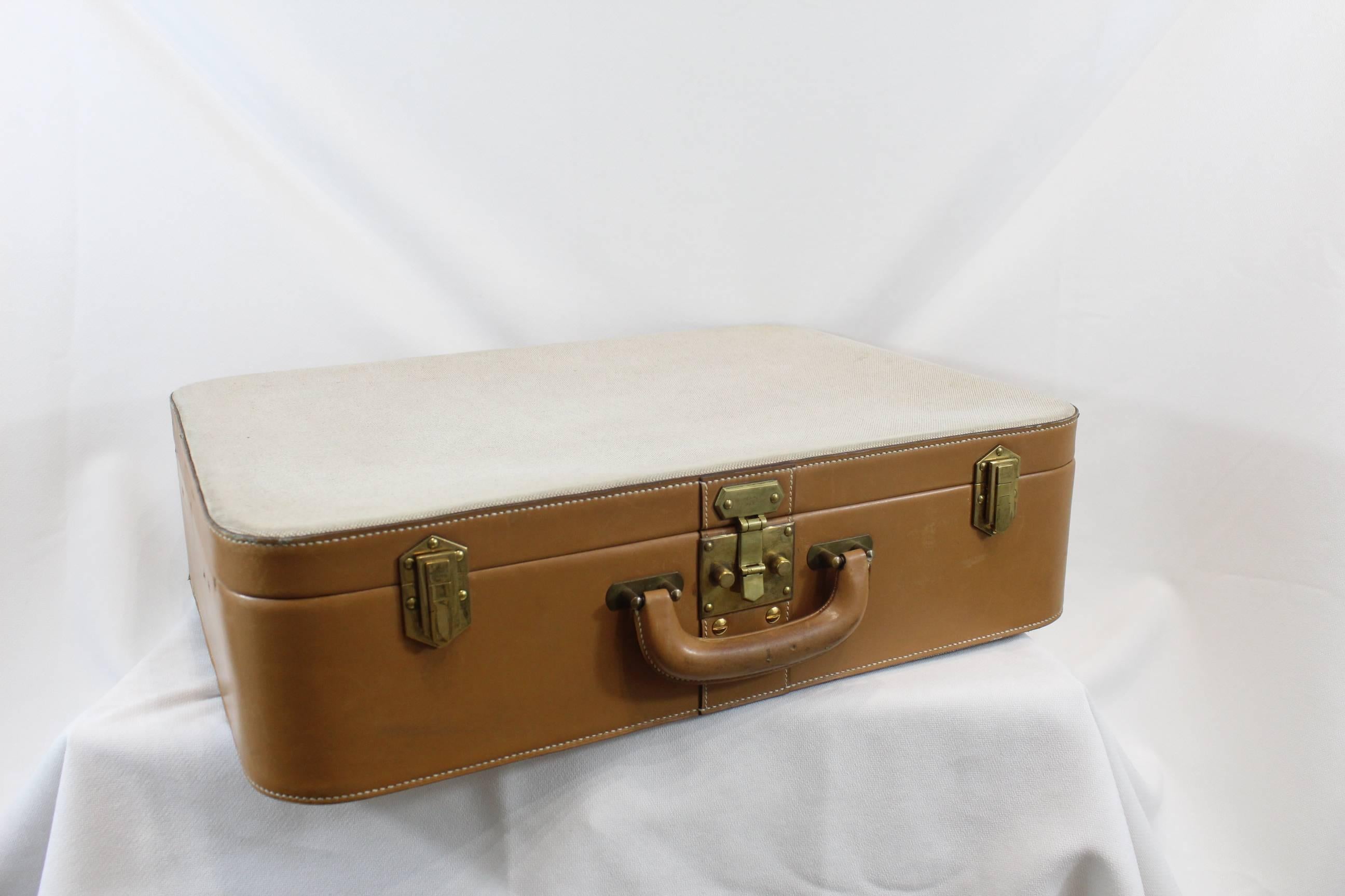 Women's or Men's Hermes Vintage Leather and Canvas Suitcase