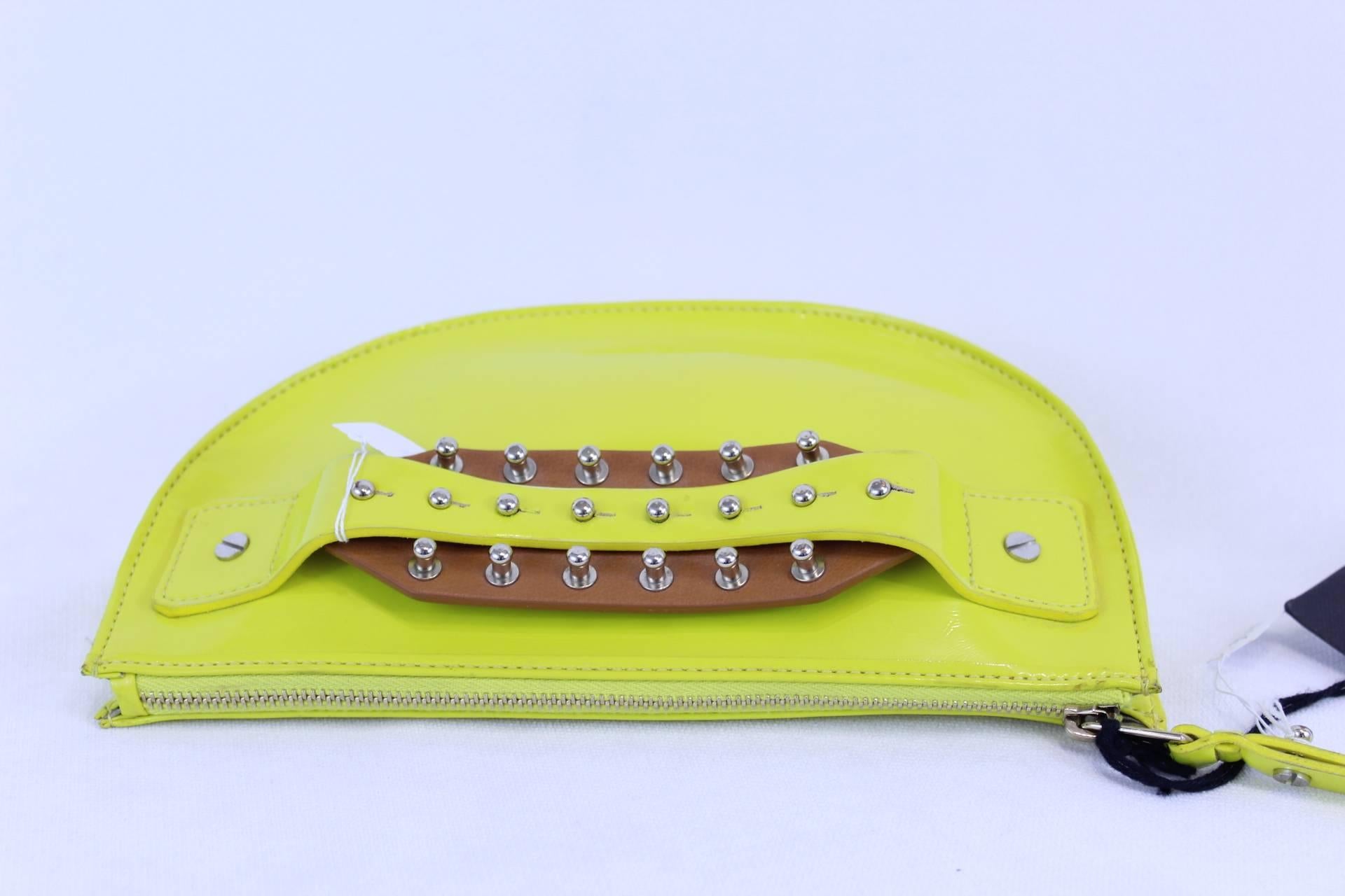 Yellow Alexander McQueen Lime Patented Leather Spike Clutch For Sale