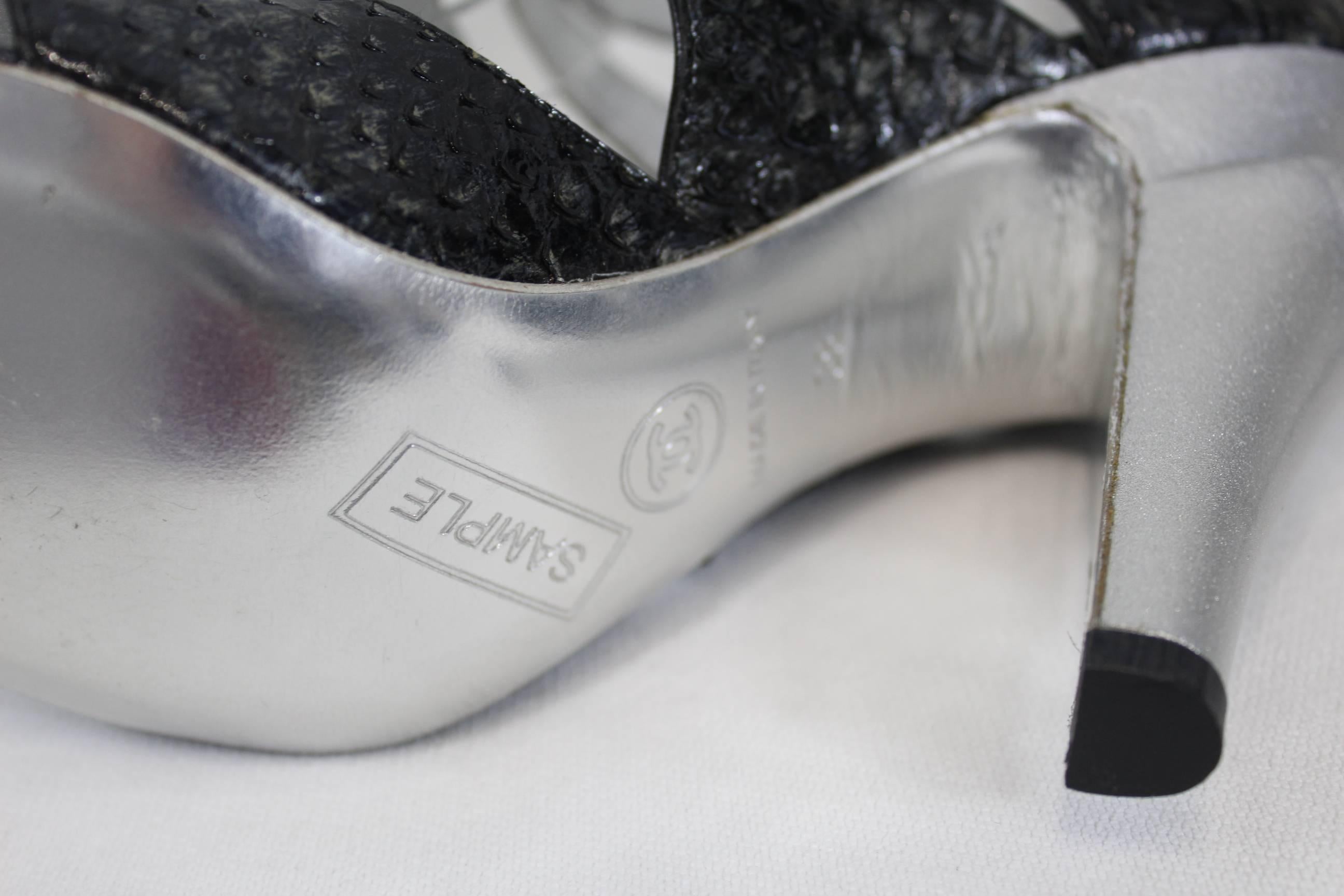 Black Chanel Silver Lezard Sandals. Size EU 38 For Sale
