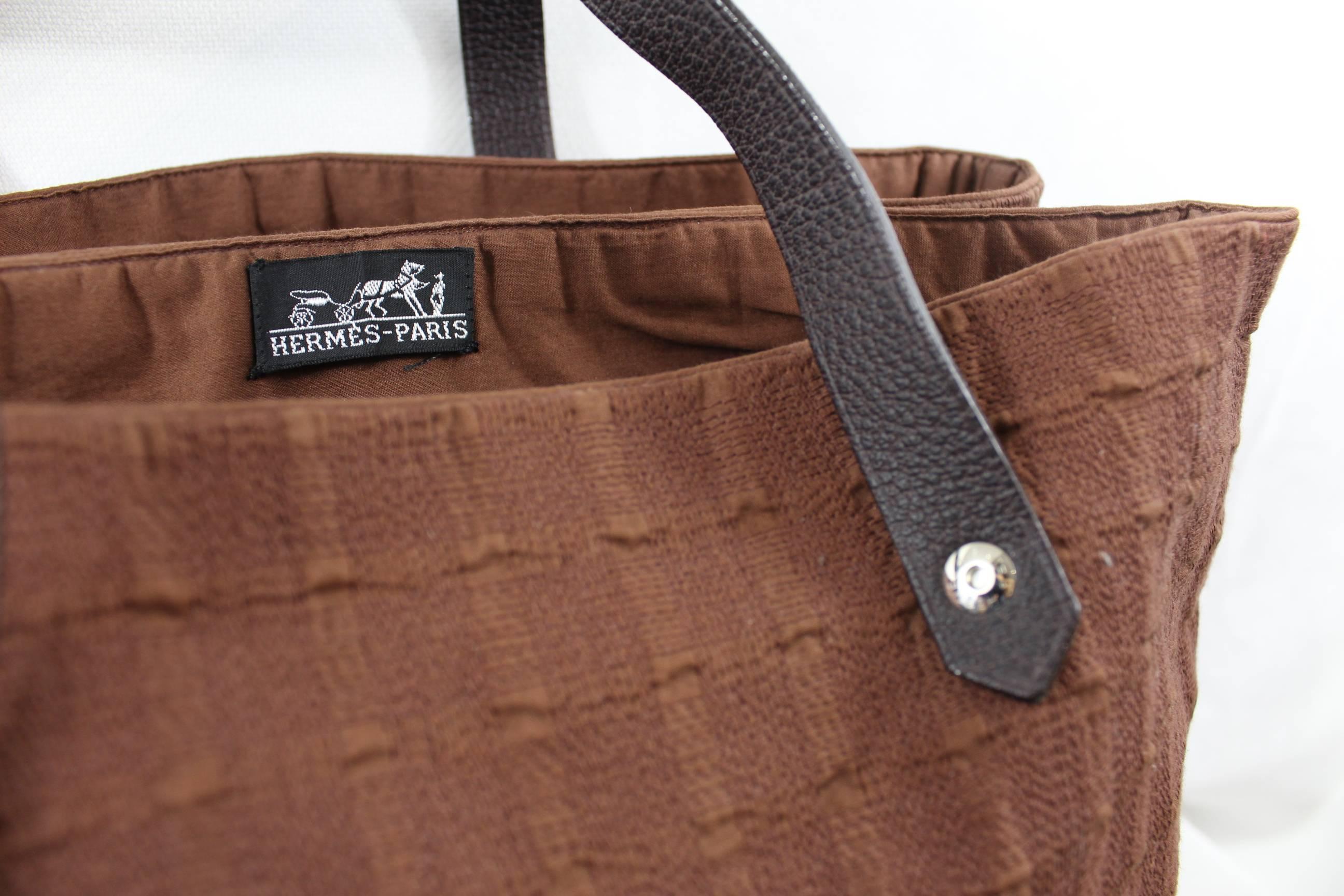 Hermes Double Brown Tote Bag in Leather and Cotton.  In Excellent Condition In Paris, FR